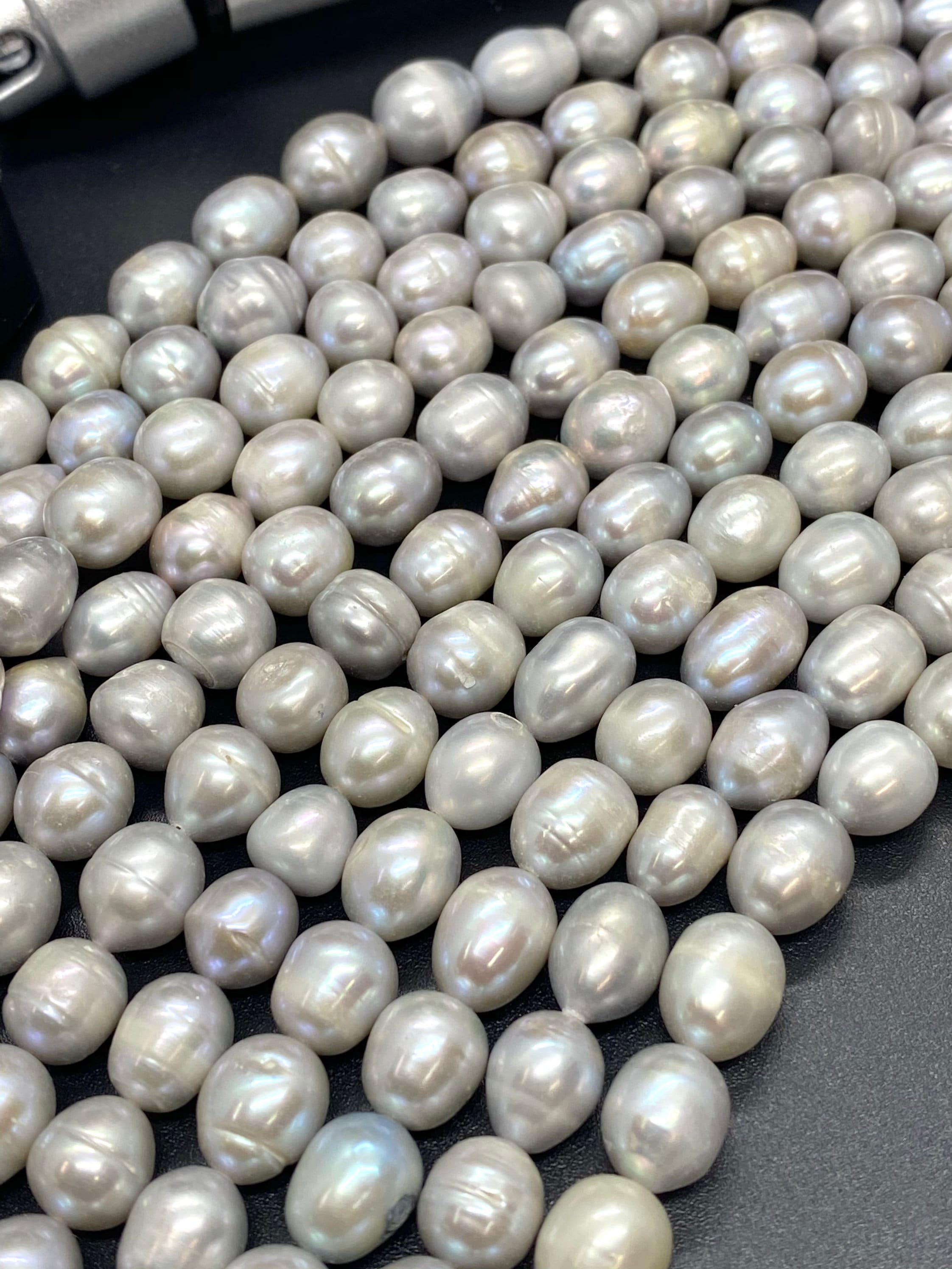 9mmX10-12mm Large hole 2.2mm 3mm Baroque rice Freshwater Pearls, Platinum Silver Grey oval pearl beads loose pearl wholesale #LH8063