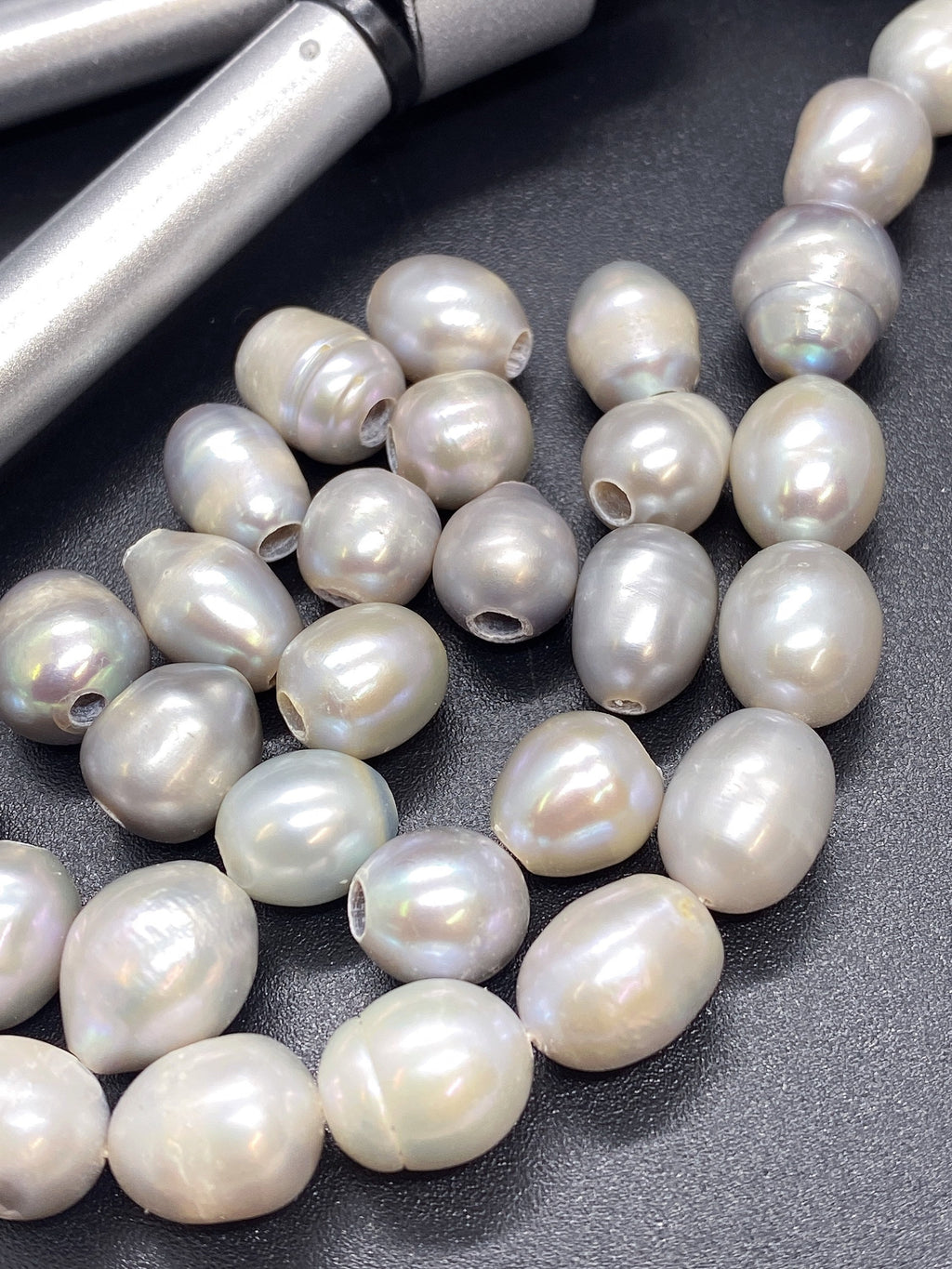 9mmX10-12mm Large hole 2.2mm 3mm Baroque rice Freshwater Pearls, Platinum Silver Grey oval pearl beads loose pearl wholesale #LH8063