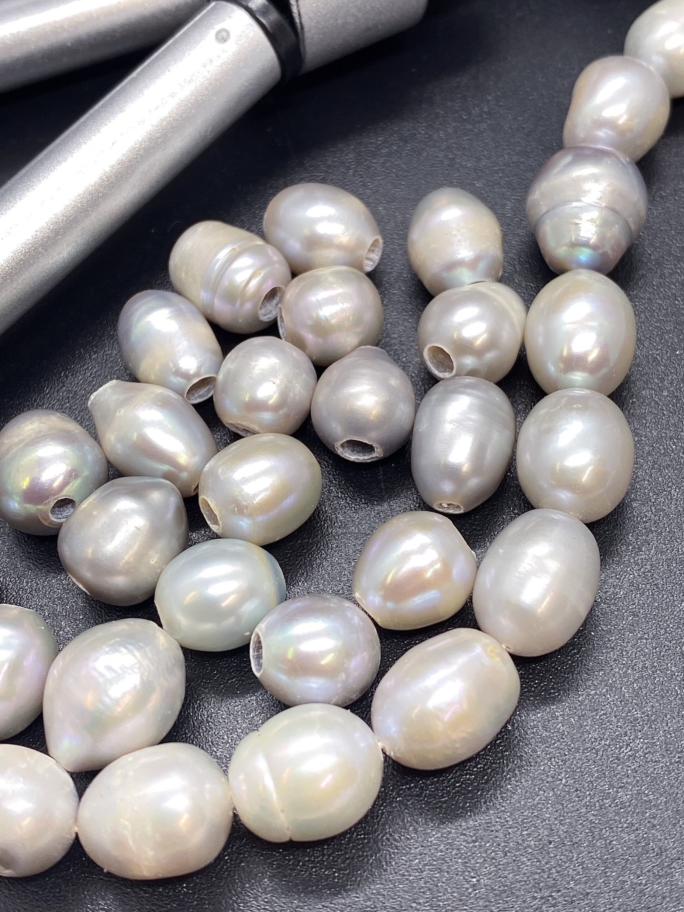 9mmX10-12mm Large hole 2.2mm 3mm Baroque rice Freshwater Pearls, Platinum Silver Grey oval pearl beads loose pearl wholesale #LH8063
