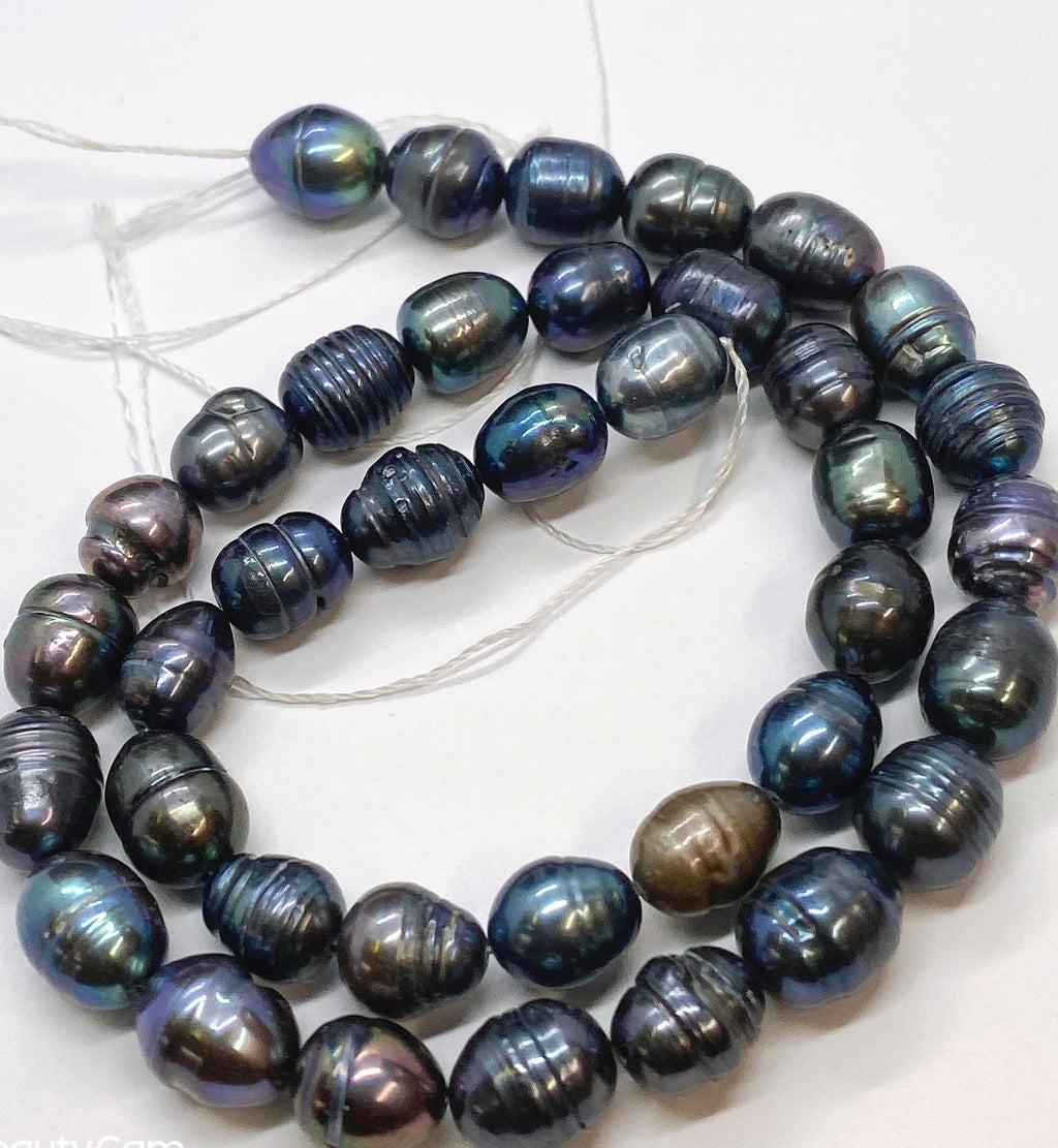 FLASH Sale 8-9mm X10-11mm Rice Baroque Pearl Tahiti look peacock blue Freshwater Pearls beads--15" full strand 37 pc #DR3401