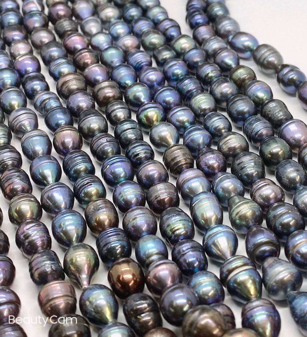 FLASH Sale 8-9mm X10-11mm Rice Baroque Pearl Tahiti look peacock blue Freshwater Pearls beads--15" full strand 37 pc #DR3401