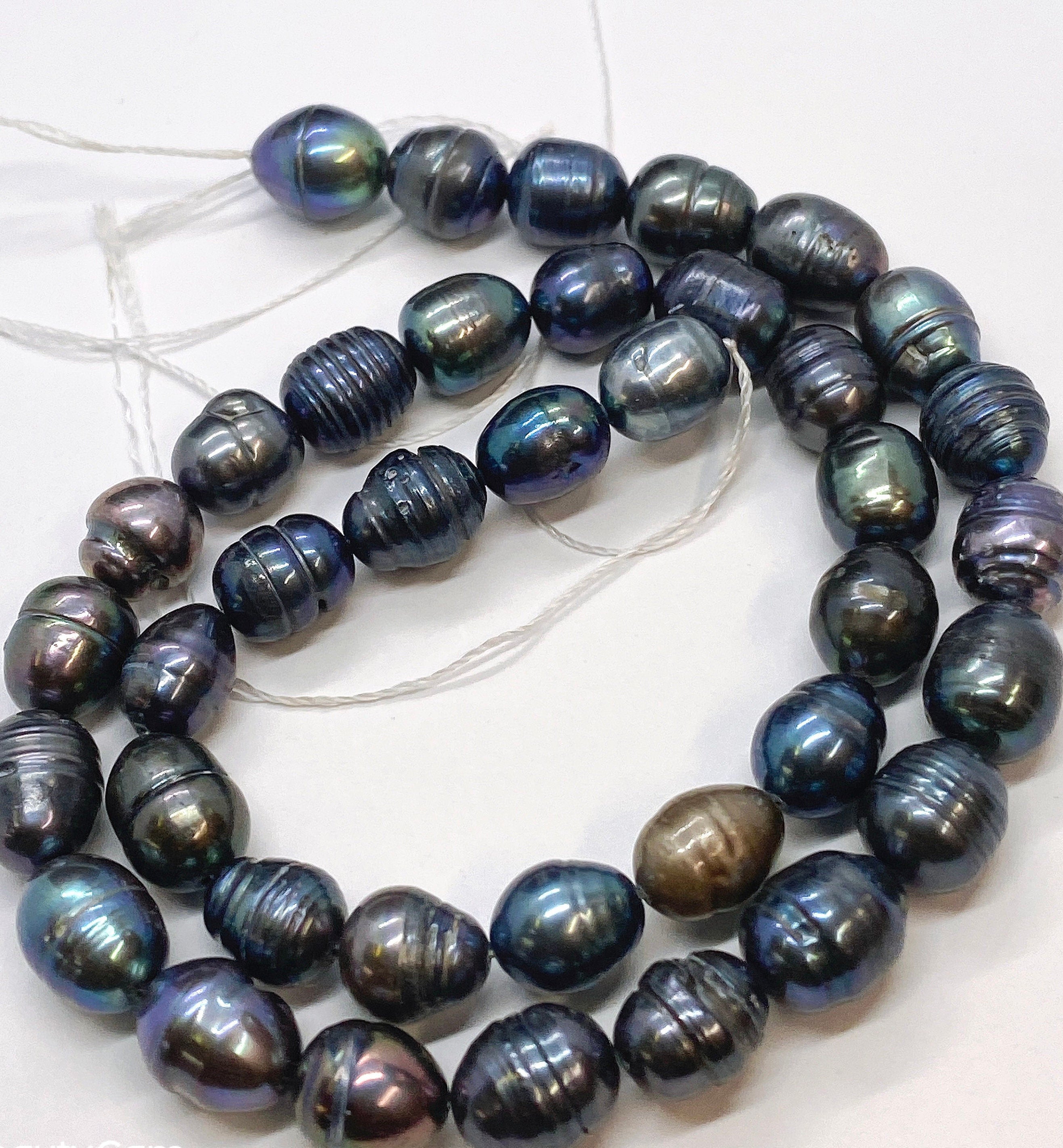 NEW Sale 8-9mm X10-11mm Rice Baroque Pearl Tahiti look peacock blue Freshwater Pearls beads--15" full strand 37 pc #DR3401
