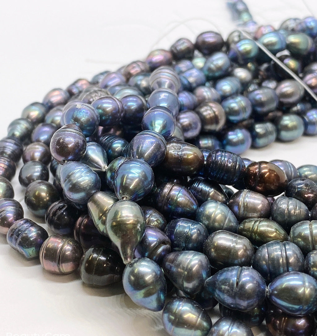 NEW Sale 8-9mm X10-11mm Rice Baroque Pearl Tahiti look peacock blue Freshwater Pearls beads--15" full strand 37 pc #DR3401