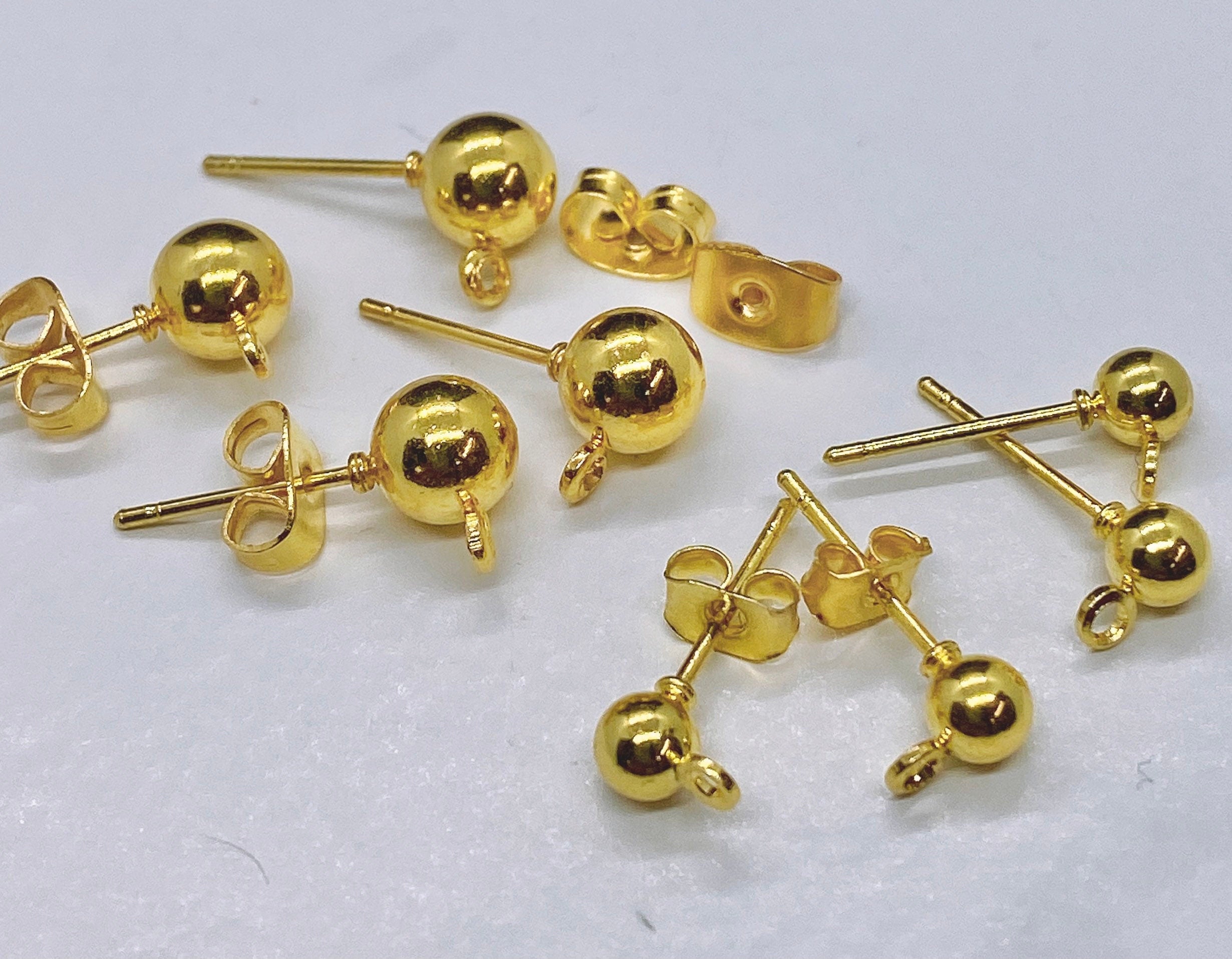 20pc 14k Gold Plated Ball Post Earring, 3mm 4mm 5mm 6mm Ball Stud Earring With Loop + Backs, DIY Earring,  Earring Findings, Wholesale F9122