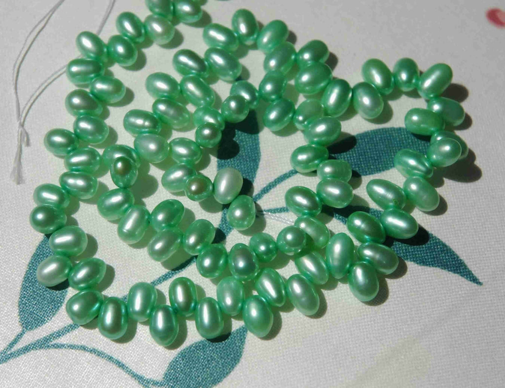 Top drilled Dancing Rice Freshwater Pearl apple green 5X8mm AAA Gem quality briolette tear drop pearl beads 15" full strand 85+ pc #DR3136