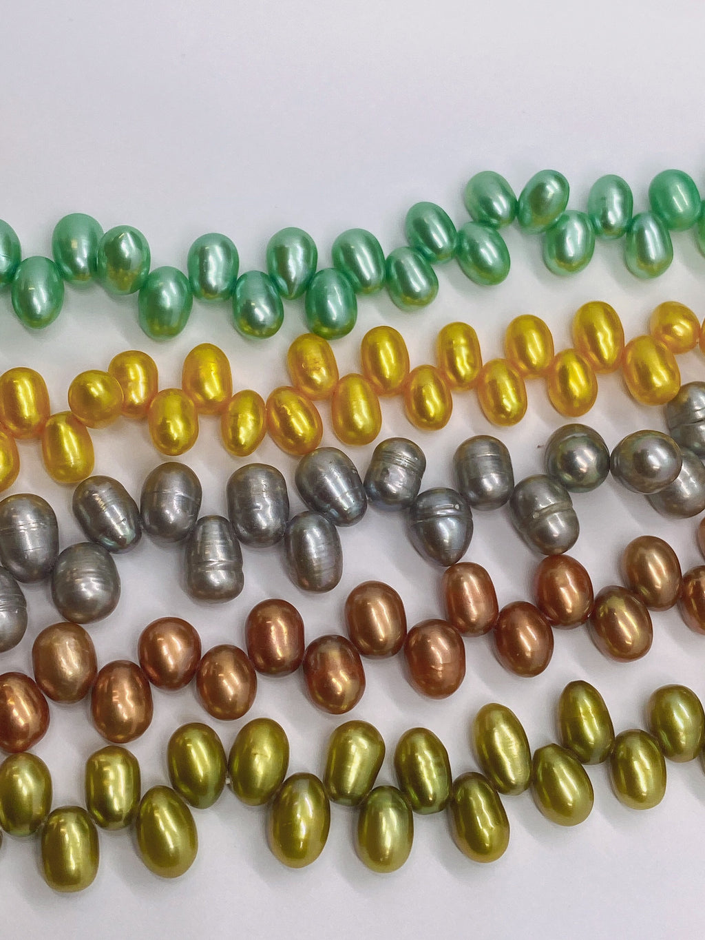 AAA+ Top drilled Dancing Rice Freshwater Pearls 5X8mm green golden yellow bronze Gem quality briolette pearl beads 15" full strand #DR3136