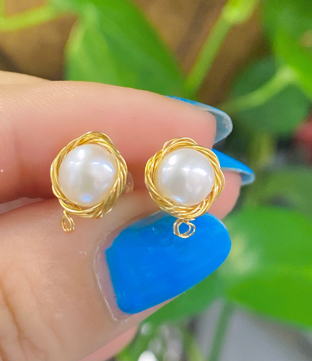 Solid 925 starling silver with 18k gold vermeil  wired Earring stud with hook round freshwater pearl and post -- pair 2 Pc -F9123