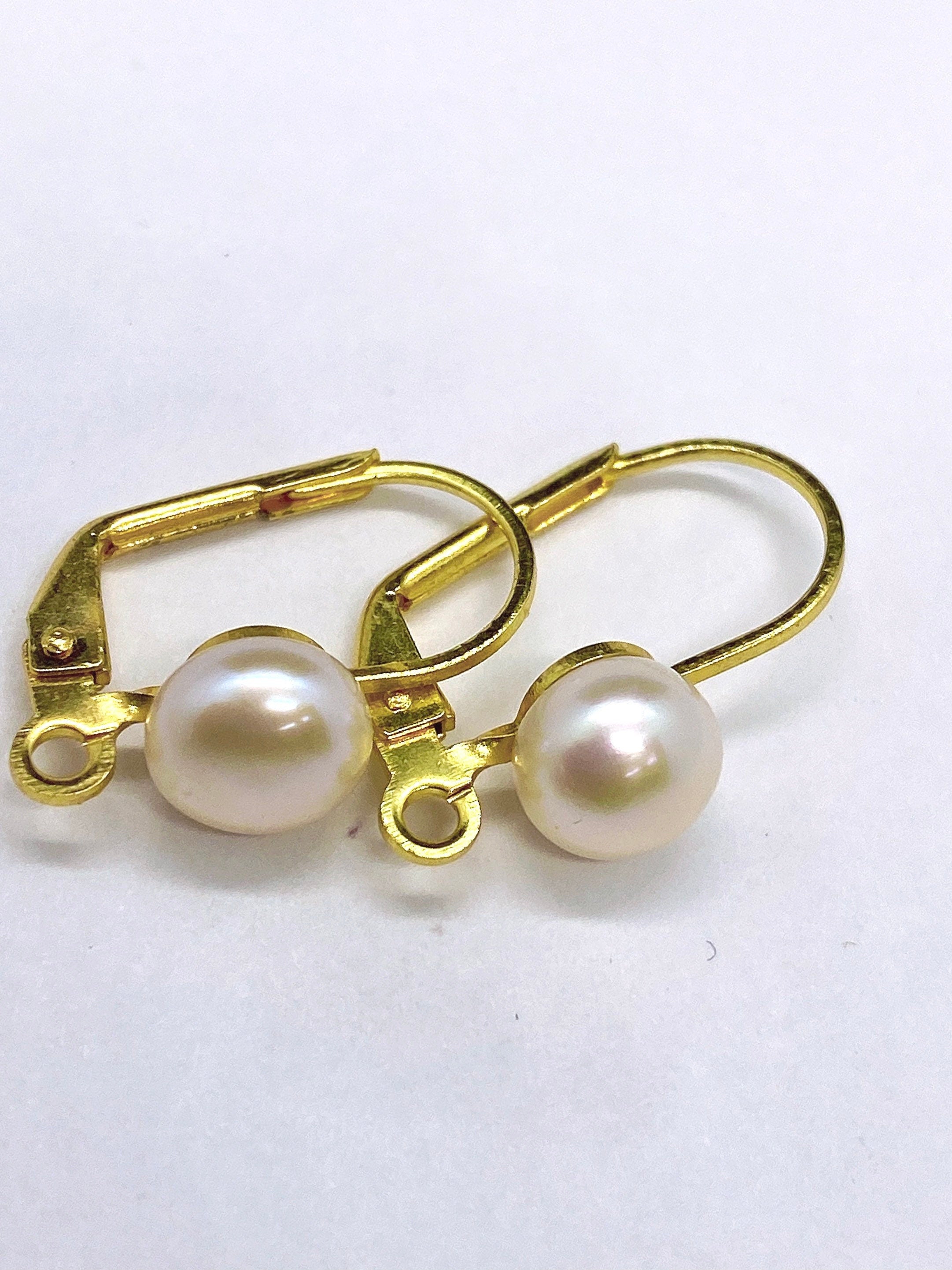 18k yellow Gold plated over Copper Lever Back Earring Wire with 7mm round freshwater pearl and Loop - Nickel Free - pair 2 Pc -F9121