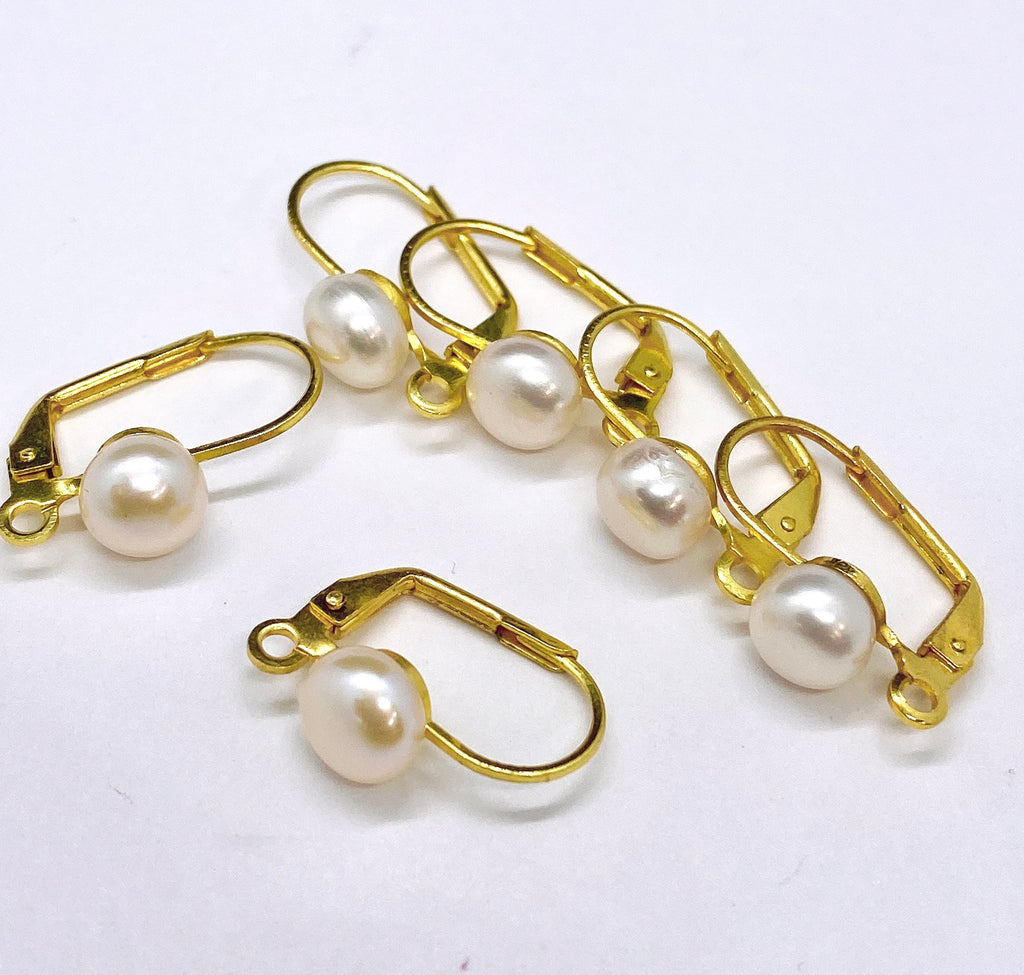 18k yellow Gold plated over Copper Lever Back Earring Wire with 7mm round freshwater pearl and Loop - Nickel Free - pair 2 Pc -F9121
