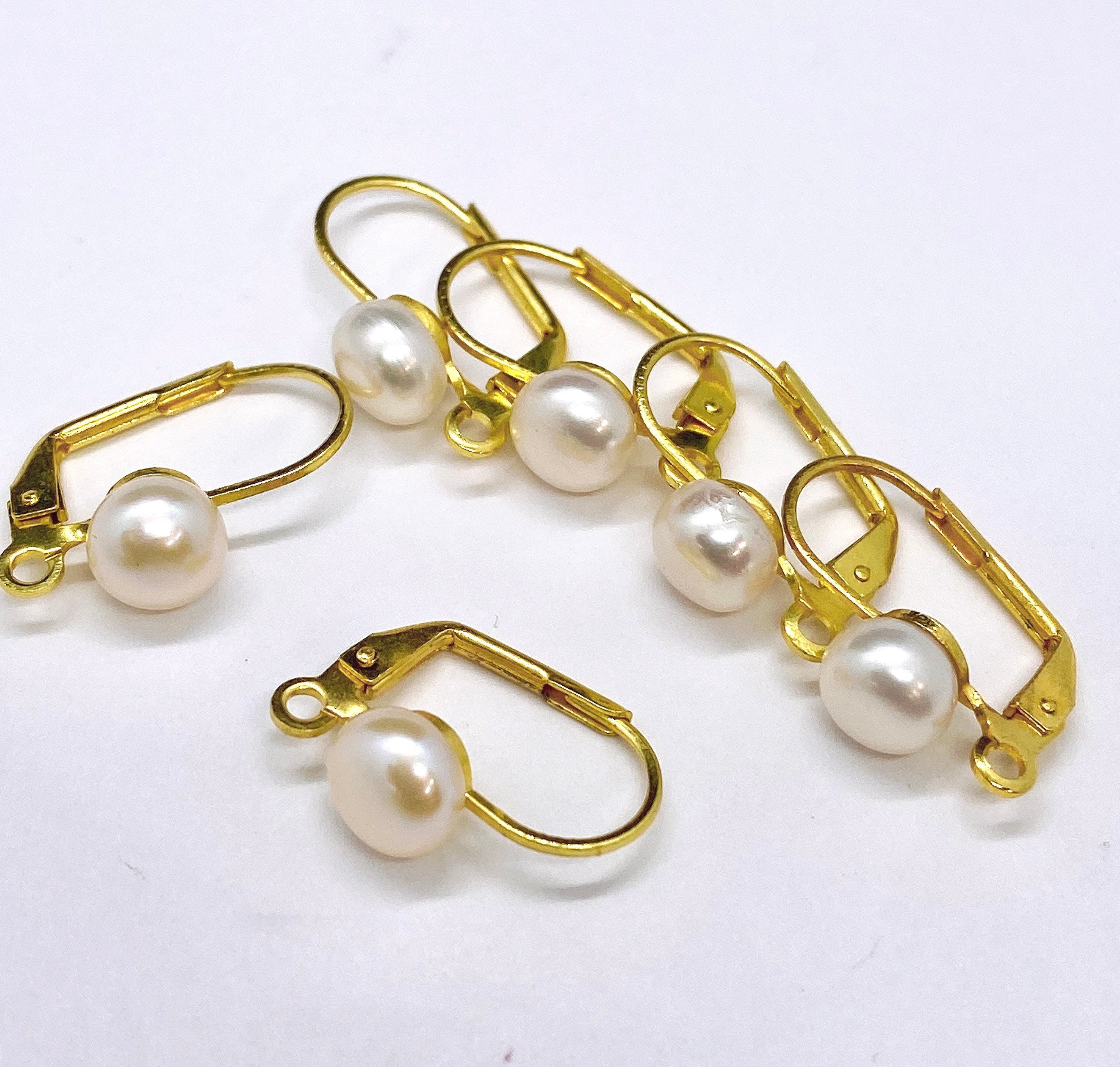 18k yellow Gold plated over Copper Lever Back Earring Wire with 7mm round freshwater pearl and Loop - Nickel Free - pair 2 Pc -F9121