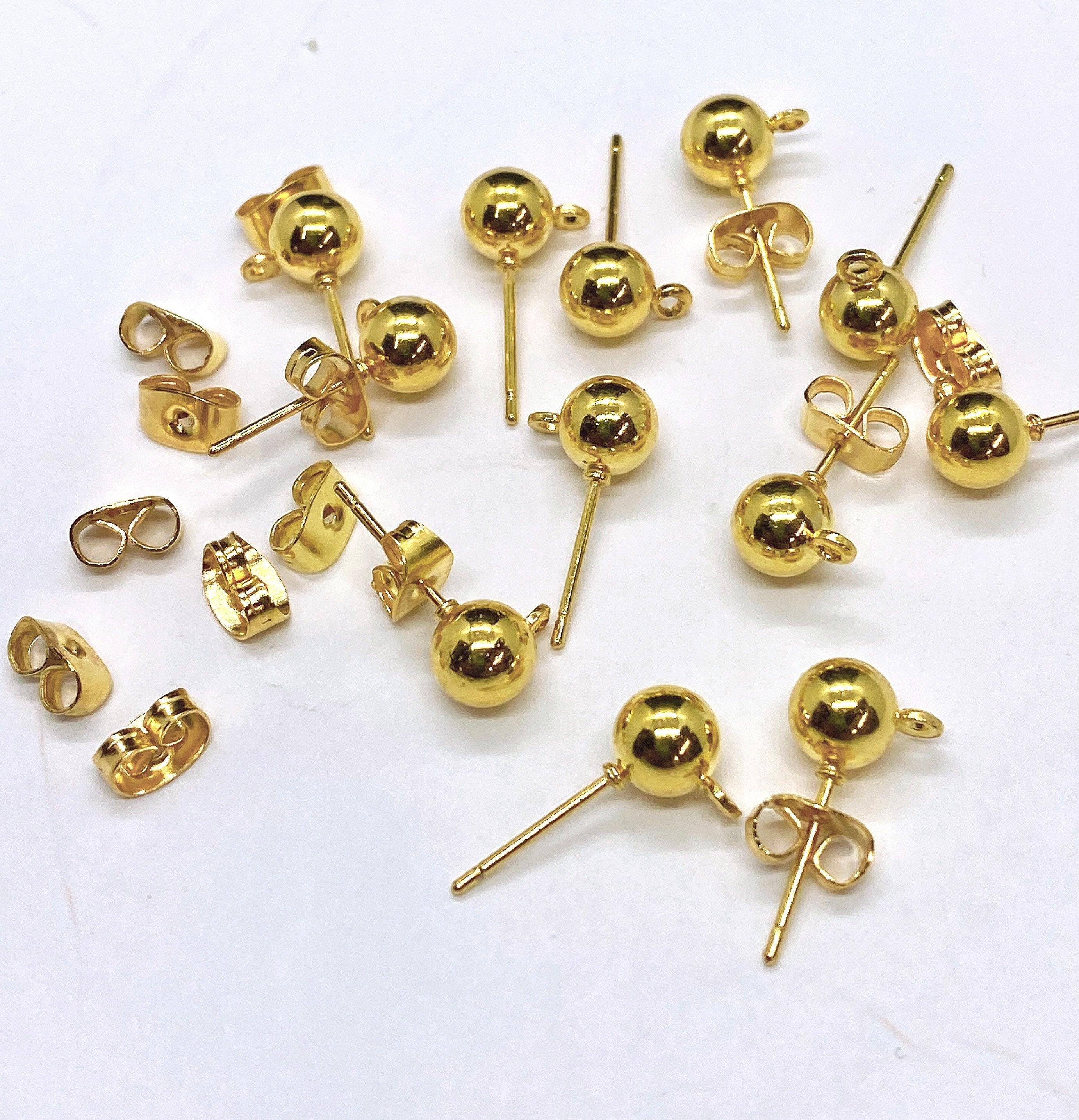 20pc 14k Gold Plated Ball Post Earring, 3mm 4mm 5mm 6mm Ball Stud Earring With Loop + Backs, DIY Earring,  Earring Findings, Wholesale F9122