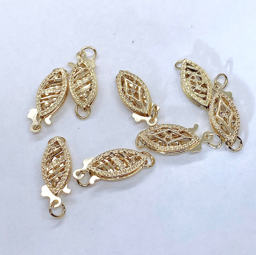 14k solid Gold pearl Clasp real gold classic Clasp 5.3x13mm Filigree Pearl Bead Fish Hook Clasp Single Strand clasp oval shape #FDC014