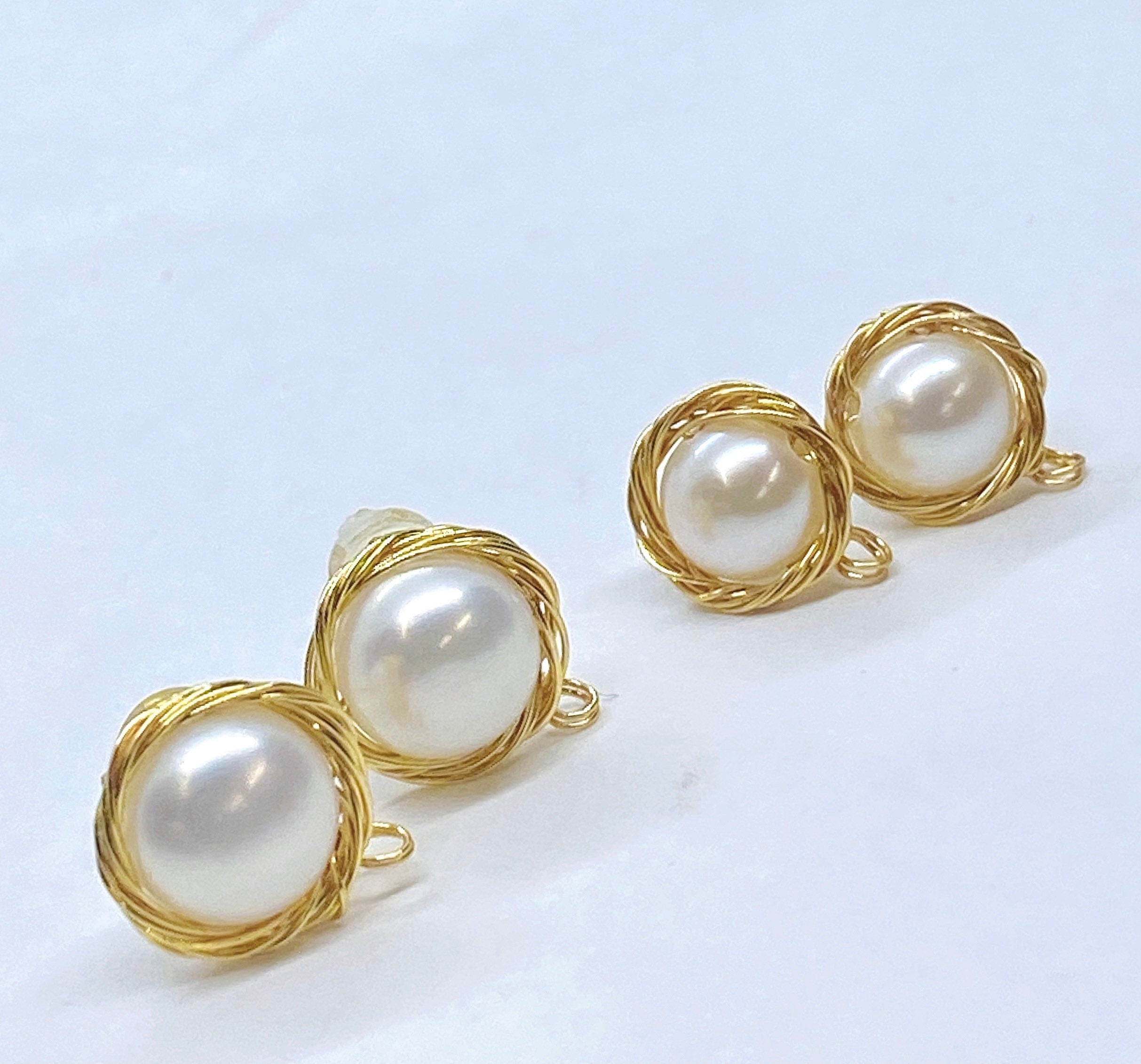 Solid 925 starling silver with 18k gold vermeil  wired Earring stud with hook round freshwater pearl and post -- pair 2 Pc -F9123