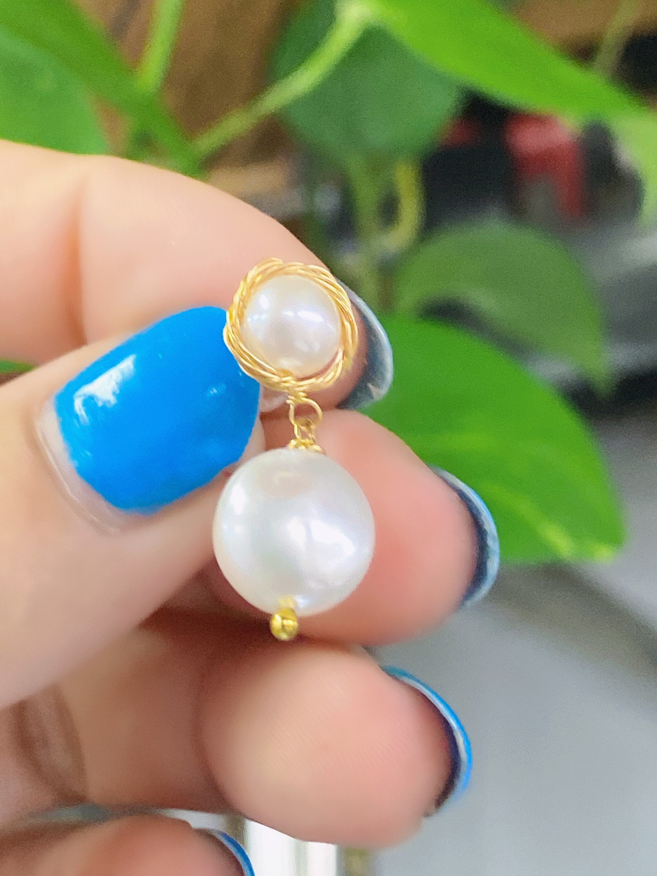 Solid 925 starling silver with 18k gold vermeil  wired Earring stud with hook round freshwater pearl and post -- pair 2 Pc -F9123