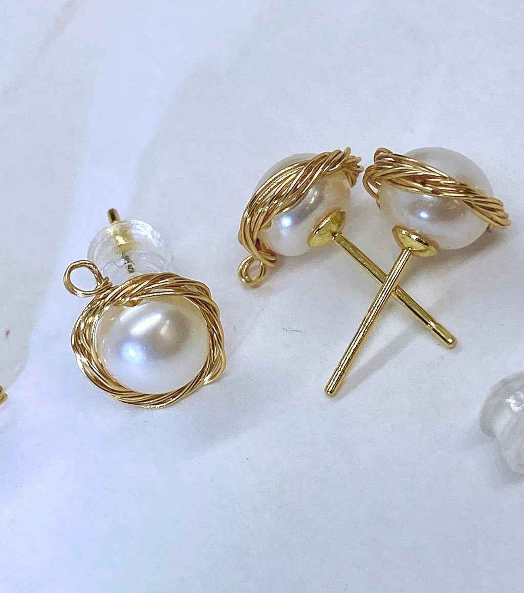 Solid 925 starling silver with 18k gold vermeil  wired Earring stud with hook round freshwater pearl and post -- pair 2 Pc -F9123
