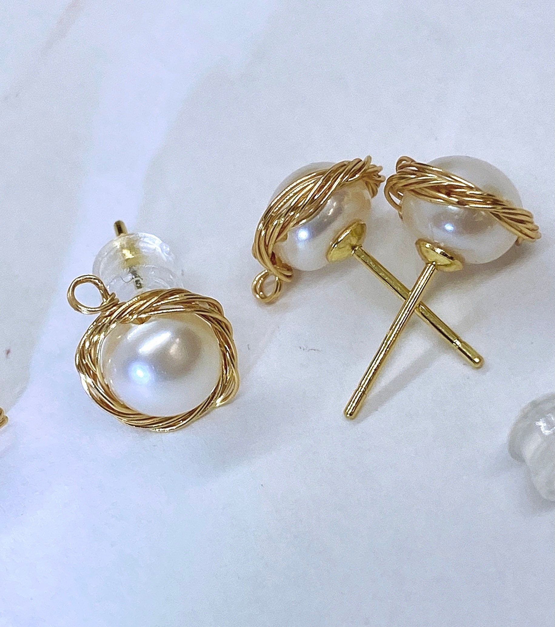 Solid 925 starling silver with 18k gold vermeil  wired Earring stud with hook round freshwater pearl and post -- pair 2 Pc -F9123