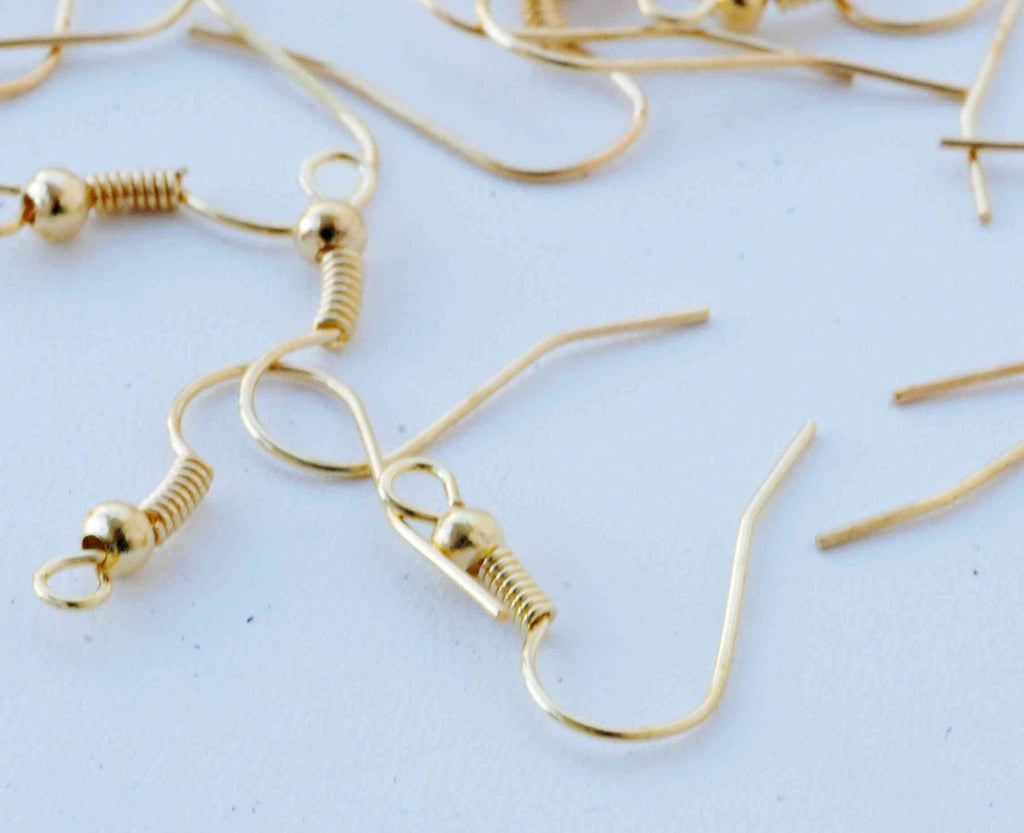 18k yellow Gold plated over Copper Earring Wire hook with ball coils- Nickel Free - 50 Pc  20mm-F9012