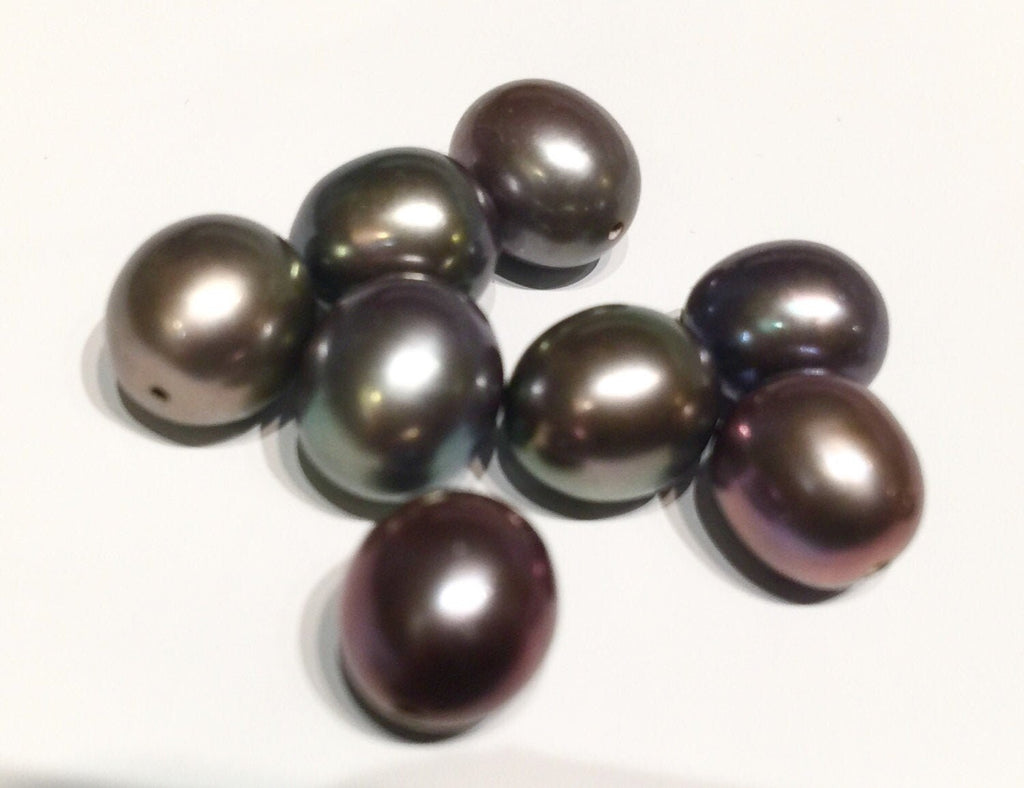 8.5X9.5mm half drilled, AAA+ top Gem quality perfect tear drop pair, Peacock black Tahiti color genuine pearl, Matched pair pearl, New