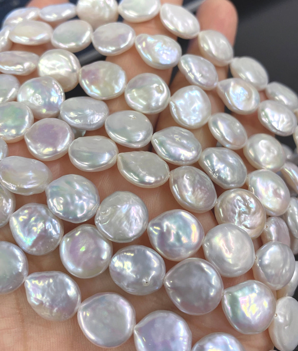 AAA High luster 12-13mm Coin Pearl, Genuine cultured Freshwater pearl, natural White full strand 15" 30+ pcs, Jewelry design wedding #K3030A