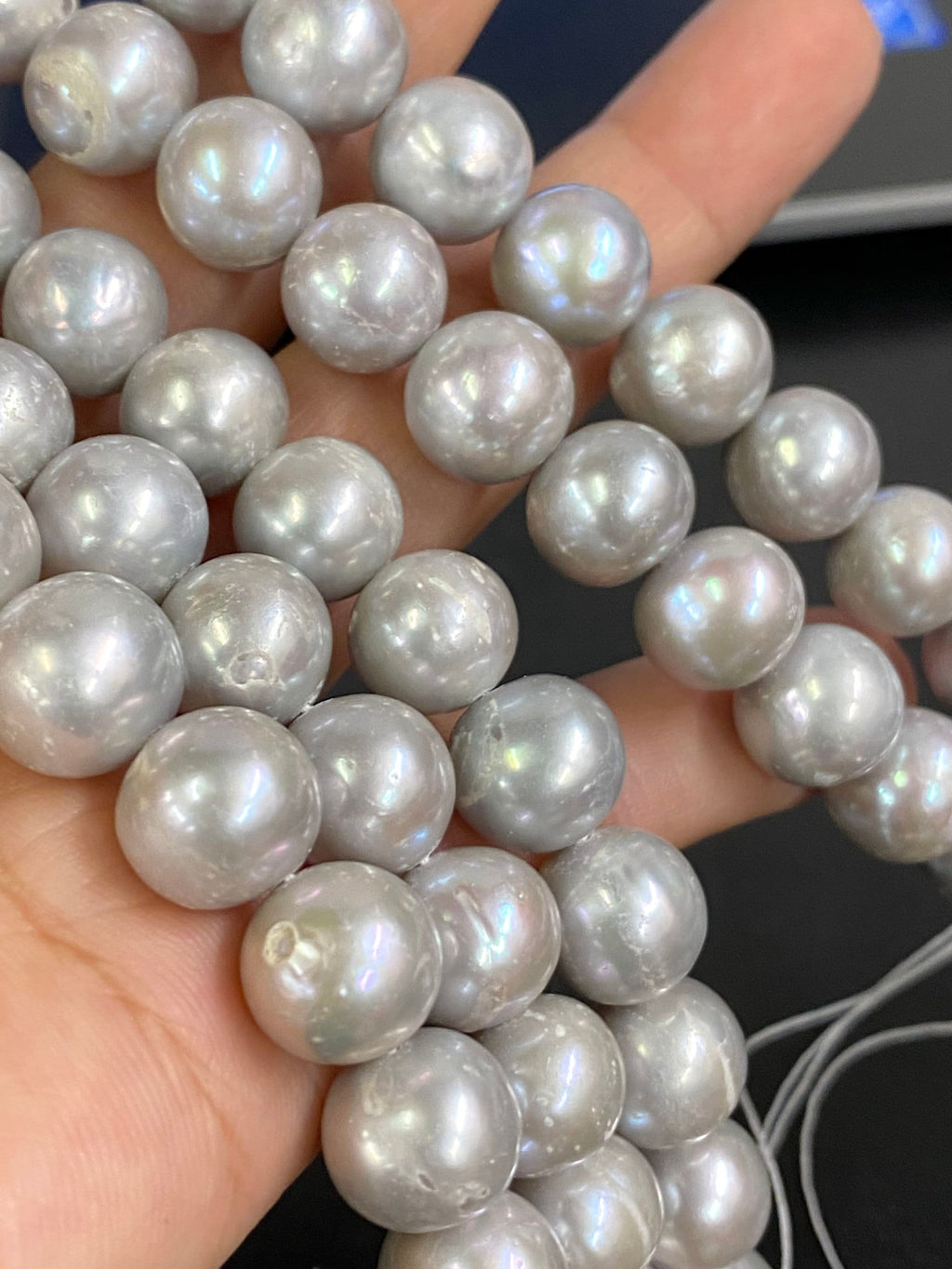 11-12mm Large Round Freshwater Pearl, silver grey platinum pearl, Off round Potato Pearl A-AA 15'' Full Strand 35pc genuine pearl  #RS3008G
