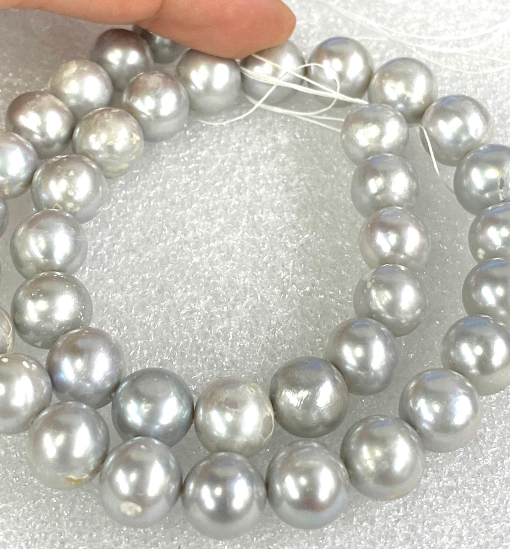 11-12mm Large Round Freshwater Pearl, silver grey platinum pearl, Off round Potato Pearl A-AA 15'' Full Strand 35pc genuine pearl  #RS3008G