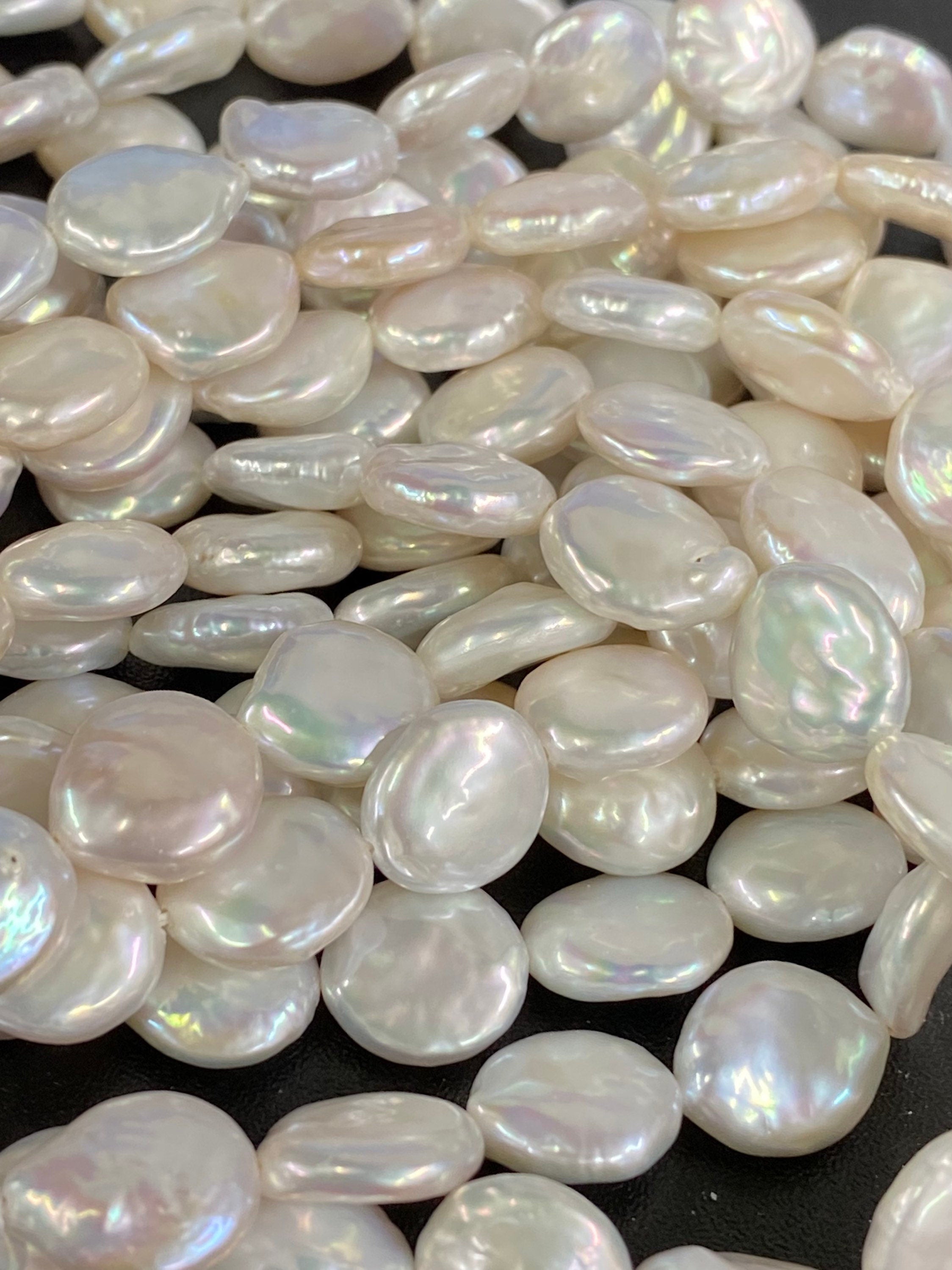 AAA High luster 12-13mm Coin Pearl, Genuine cultured Freshwater pearl, natural White full strand 15" 30+ pcs, Jewelry design wedding #K3030A