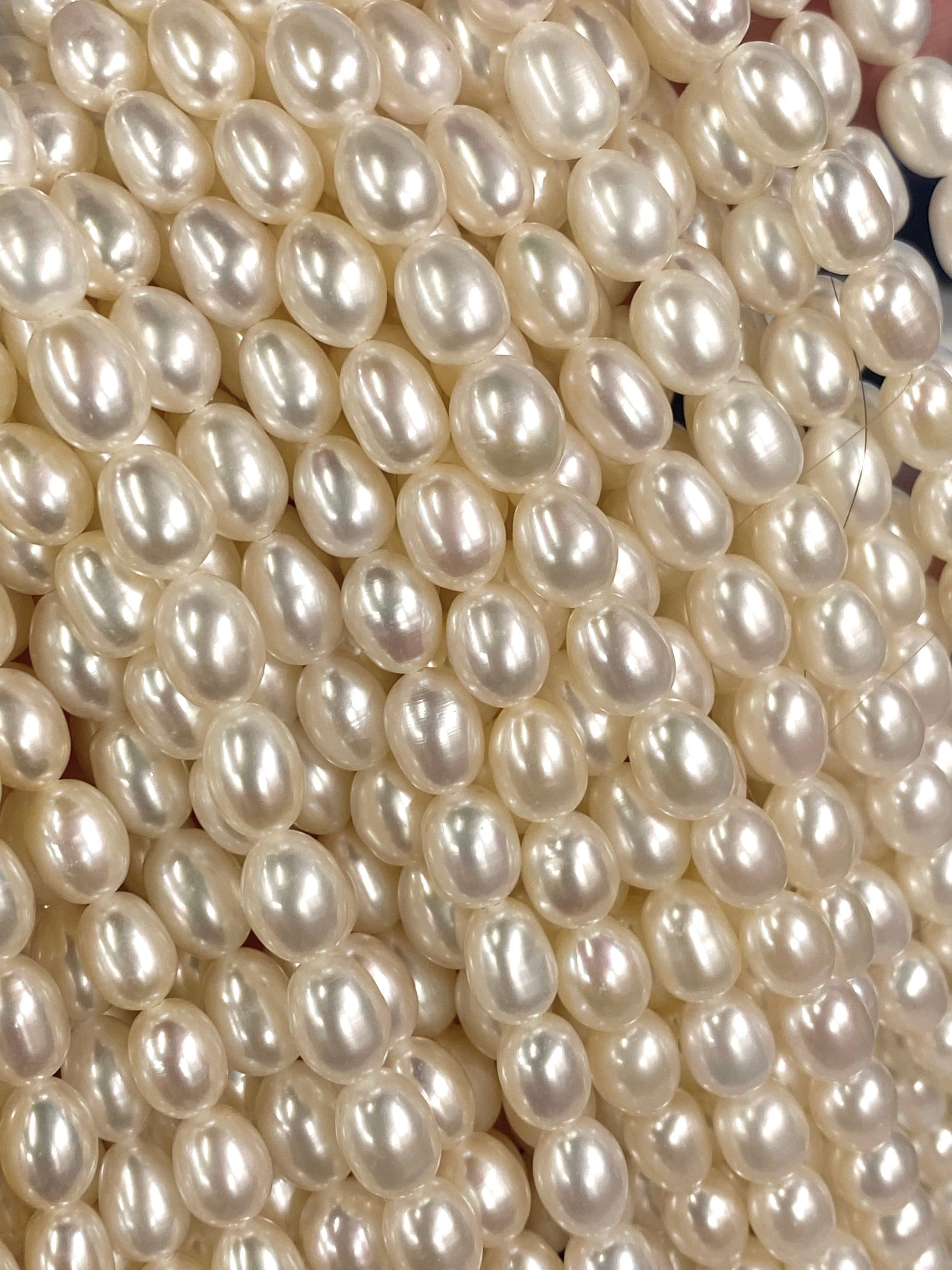 AAA High quality 7MMX 8-9mm stunning luster White Ivory Rice oval freshwater Pearl, 15" full strand genuine pearl beads---New Deal SALE
