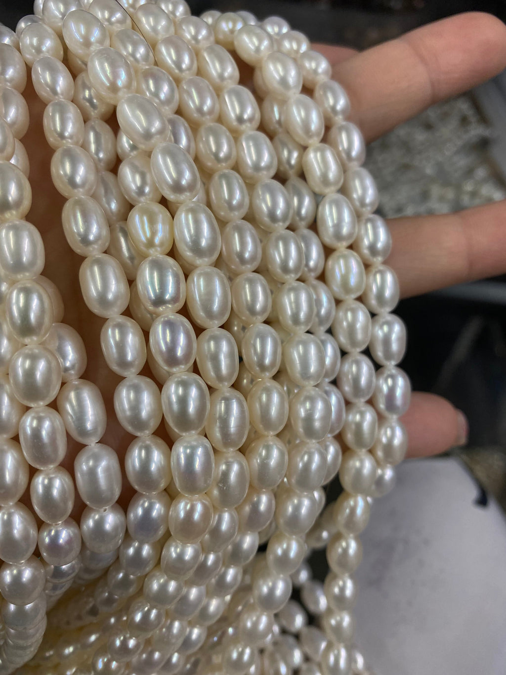 AAA High quality 7MMX 8-9mm stunning luster White Ivory Rice oval freshwater Pearl, 15" full strand genuine pearl beads---New Deal SALE