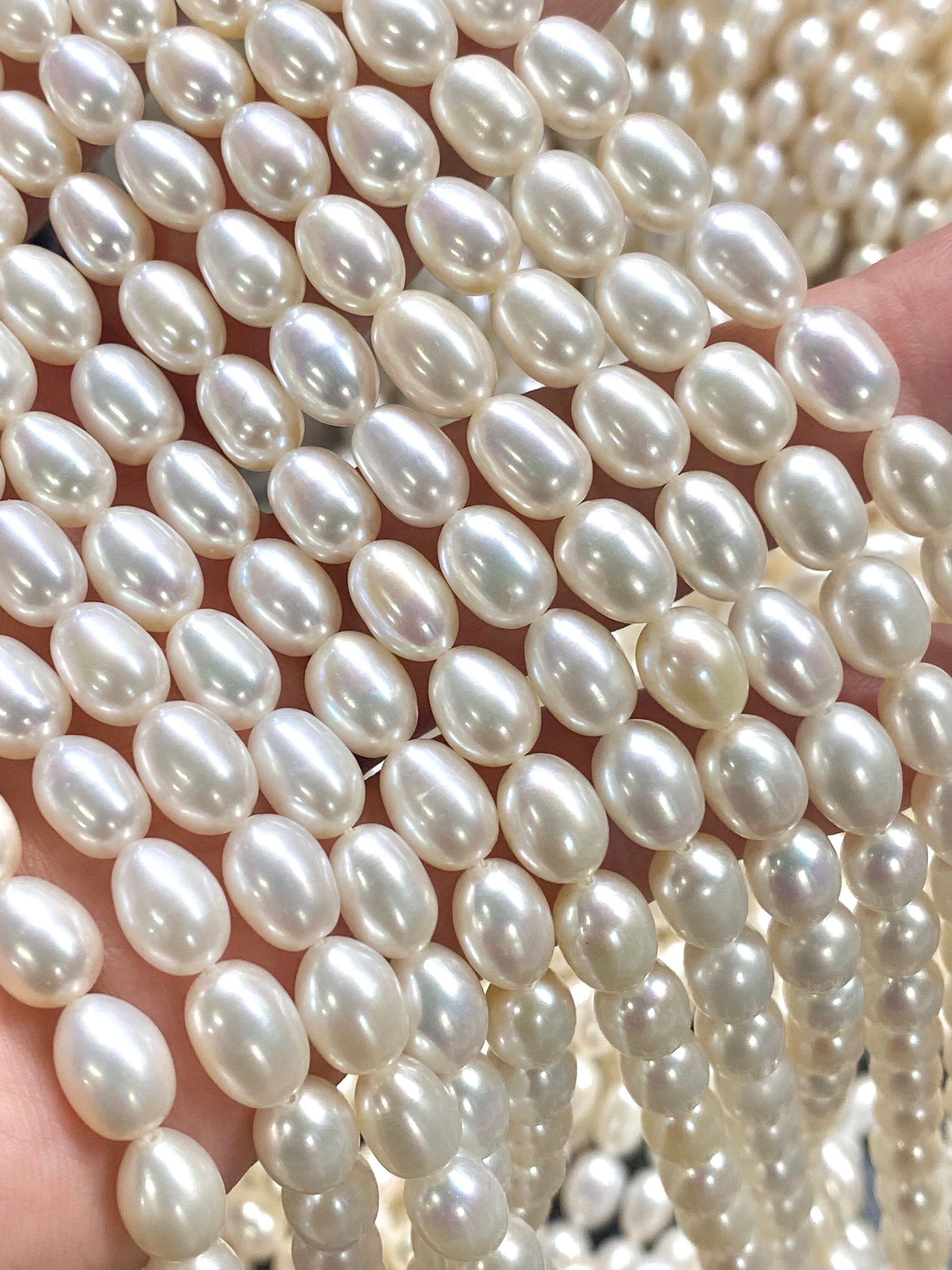 AAA High quality 7MMX 8-9mm stunning luster White Ivory Rice oval freshwater Pearl, 15" full strand genuine pearl beads---New Deal SALE