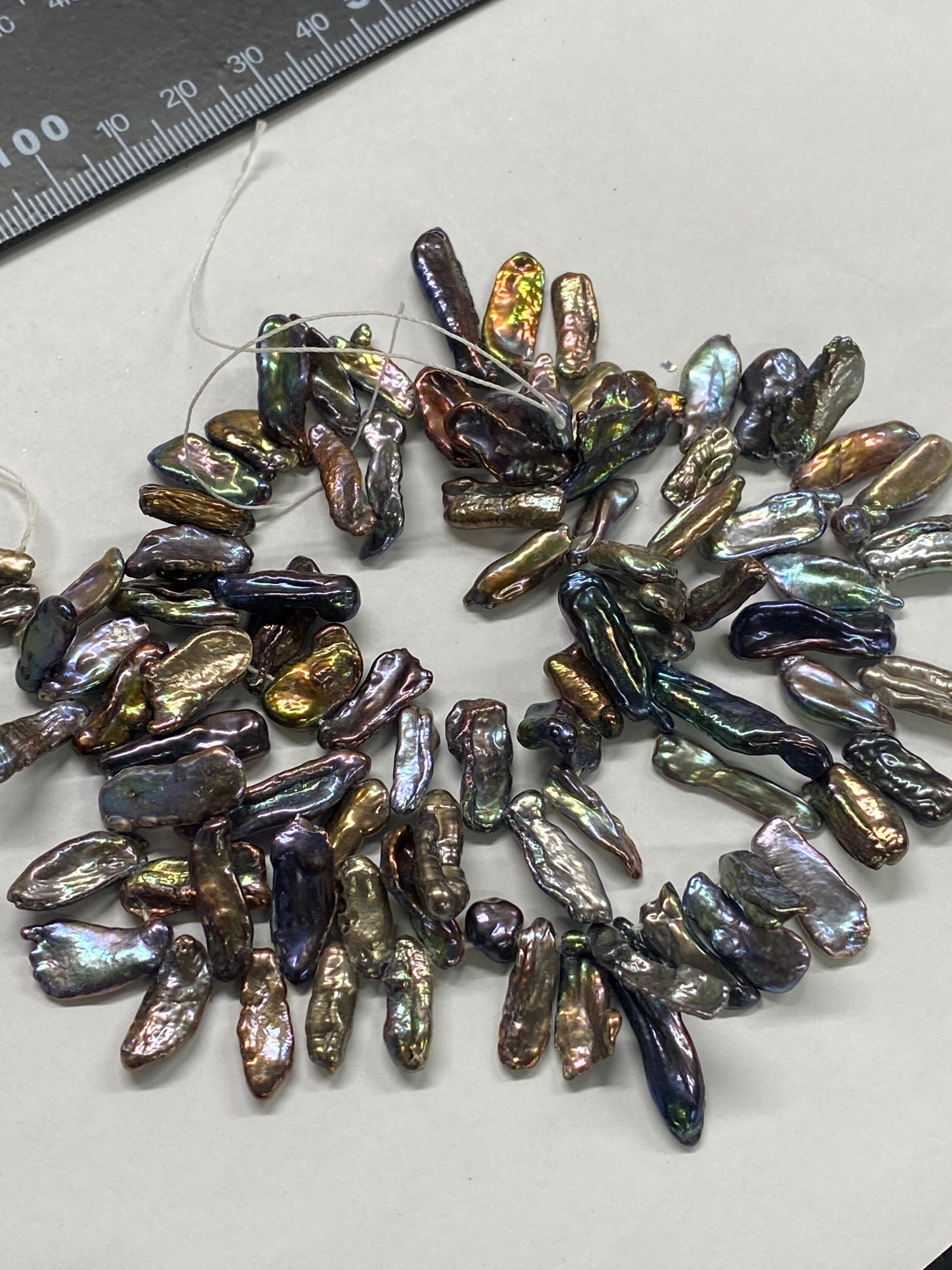 AAA 7-8mmX18-25mm stunning Biwa Freshwater Pearls, luster top drilled Biwa stick, dancing baroque Bronze peacock color, 7" strand #KC5034