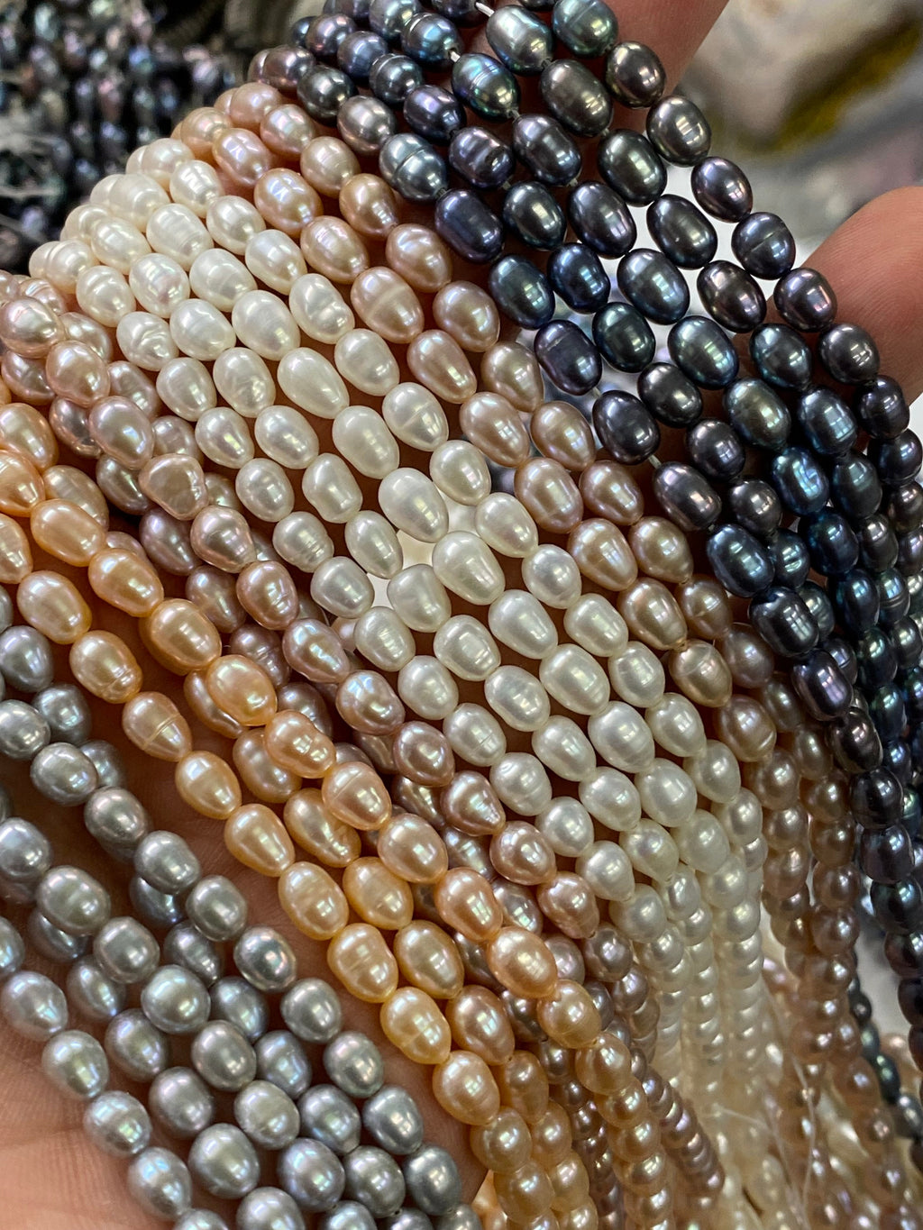 AA+ 4.5mmX6mm Oval Rice Freshwater Pearl, white/peach/peacock blue/silver Full strand 15" 60pc rice seeds genuine pearl beads--New Arrival