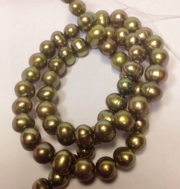 AA+ 6-7mm round potato Freshwater Pearl--Full Strand15" strand 65pc olive green loose pearl beads #RS2032
