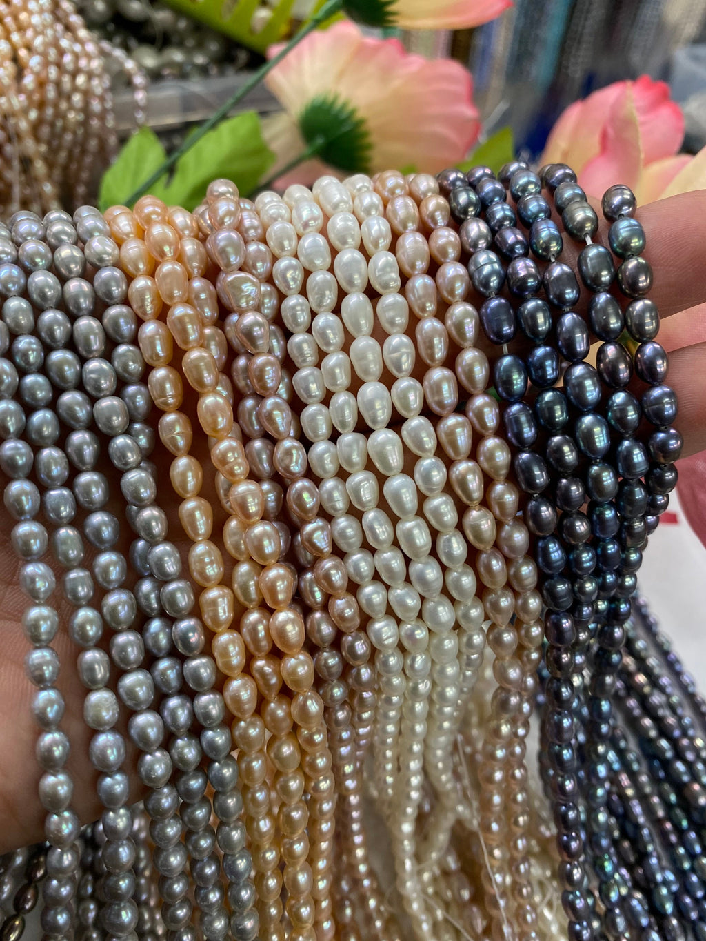 AA+ 4.5mmX6mm Oval Rice Freshwater Pearl, white/peach/peacock blue/silver Full strand 15" 60pc rice seeds genuine pearl beads--New Arrival