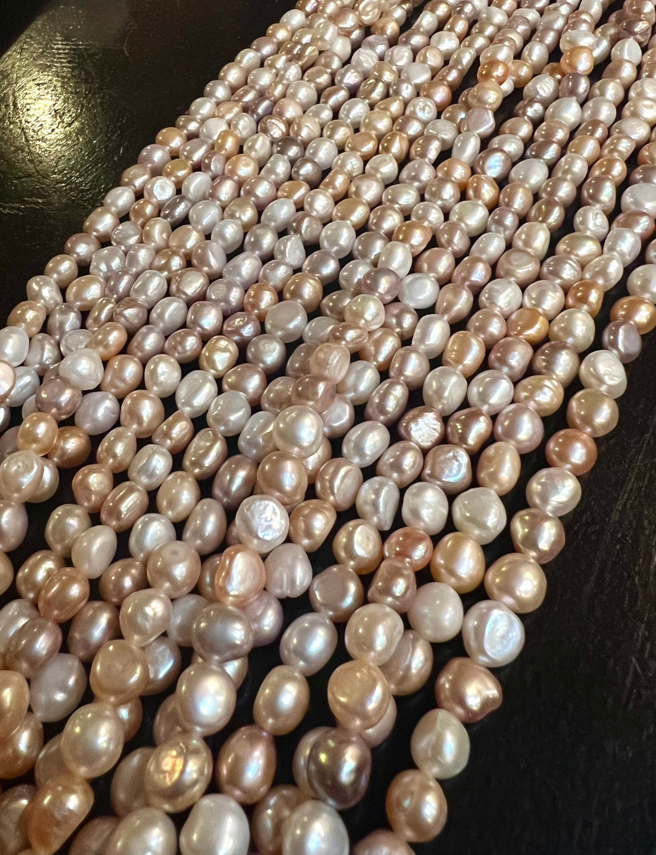 AA 6-7mmX8mm Multi Color Baroque Freshwater Pearl nugget pearl beads, mix Nature White Champagne Pink, 15" Full Strand, NEW Arrival Sale
