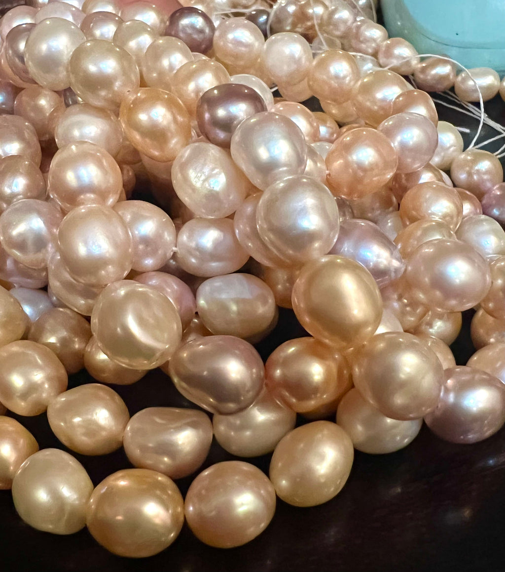 AA+ 9mmX10-12mm Baroque Freshwater Pearl, Luster Multi Natural color, White Champagne Pink metallic, 15" Full Strand--- NEW Arrival Sale