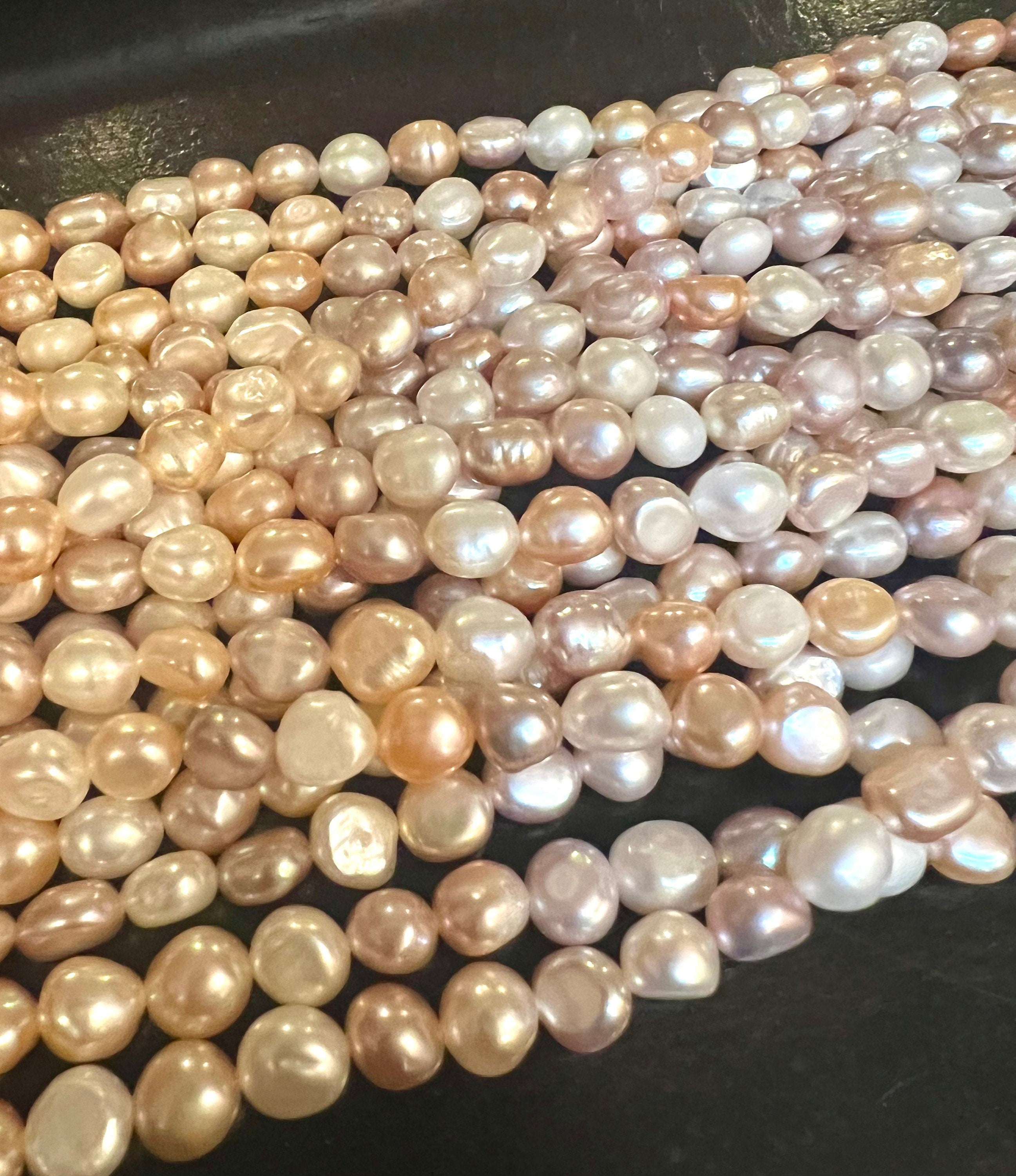 AA 6-7mmX8mm Multi Color Baroque Freshwater Pearl nugget pearl beads, mix Nature White Champagne Pink, 15" Full Strand, NEW Arrival Sale