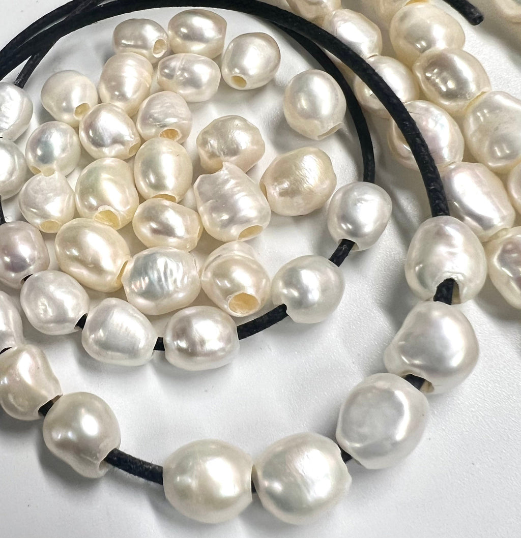 AA+ 7-8mm X 8-9mm natural ivory white color Baroque Freshwater pearl 15" full strand pebble nugget baroque rice pearl beads  #LH8066
