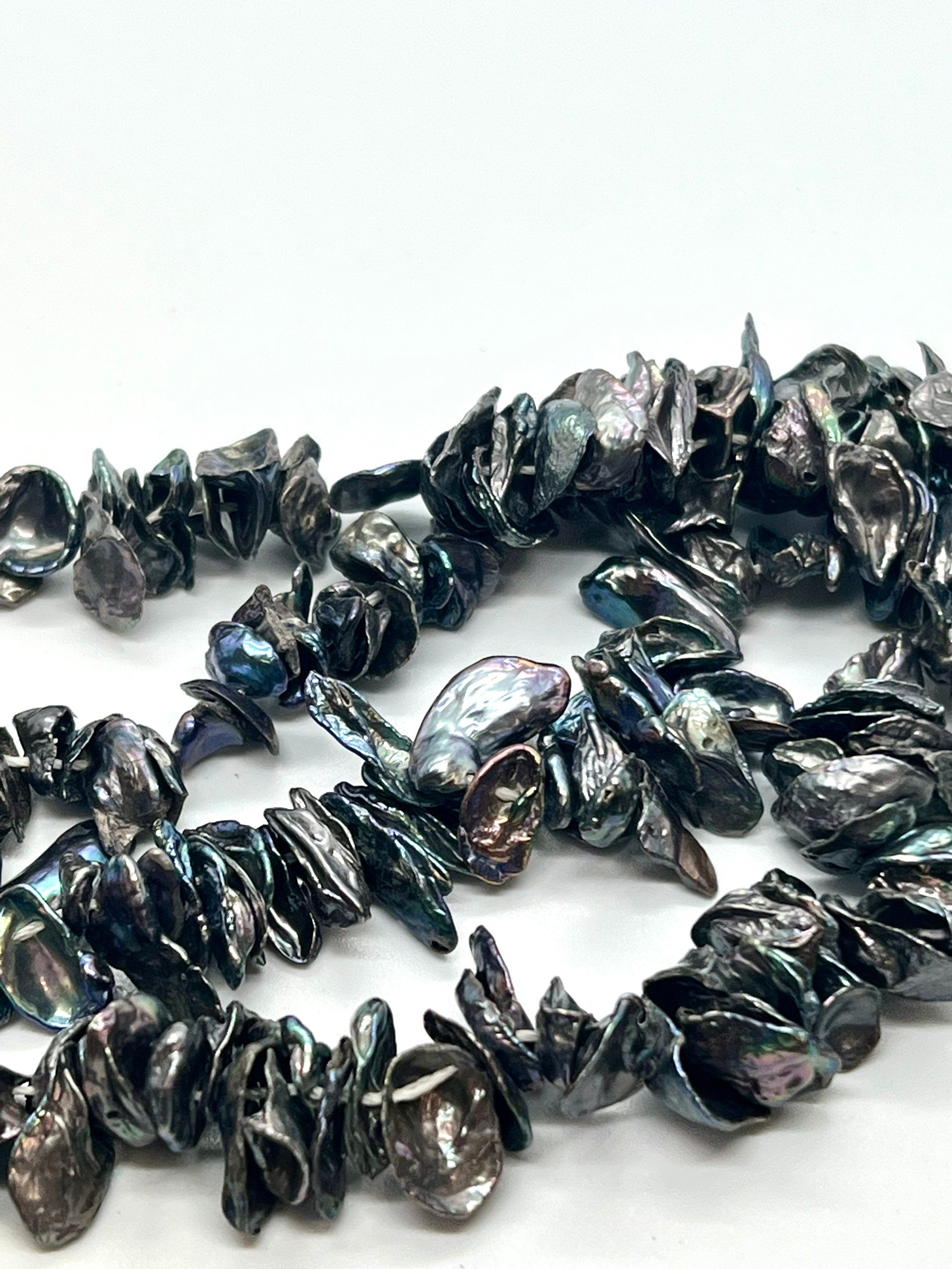 AA 6-8mm 8-10mm Keshi Pearls Center Drilled peacock blue, dark gray Keshi pearl chip beads for designer, full strand 15"-NEW Arrival SALE