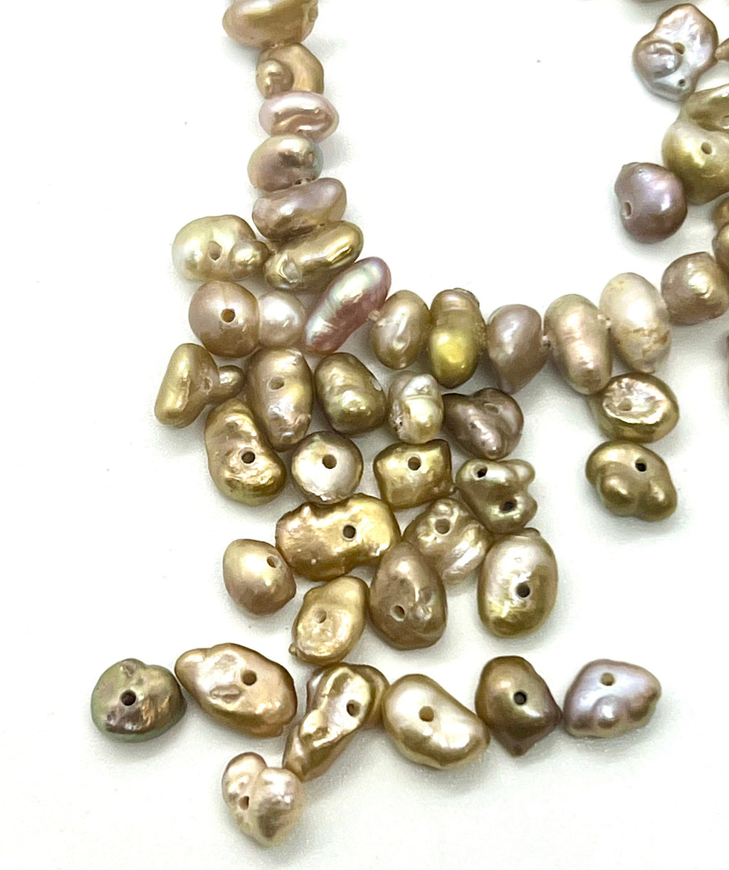 Rare unique gold nugget, 6-7mm AAA seed Keshi Pearls, Center Drilled natural bronze metallic baroque keshi pearl beads, full strand 15"-NEW