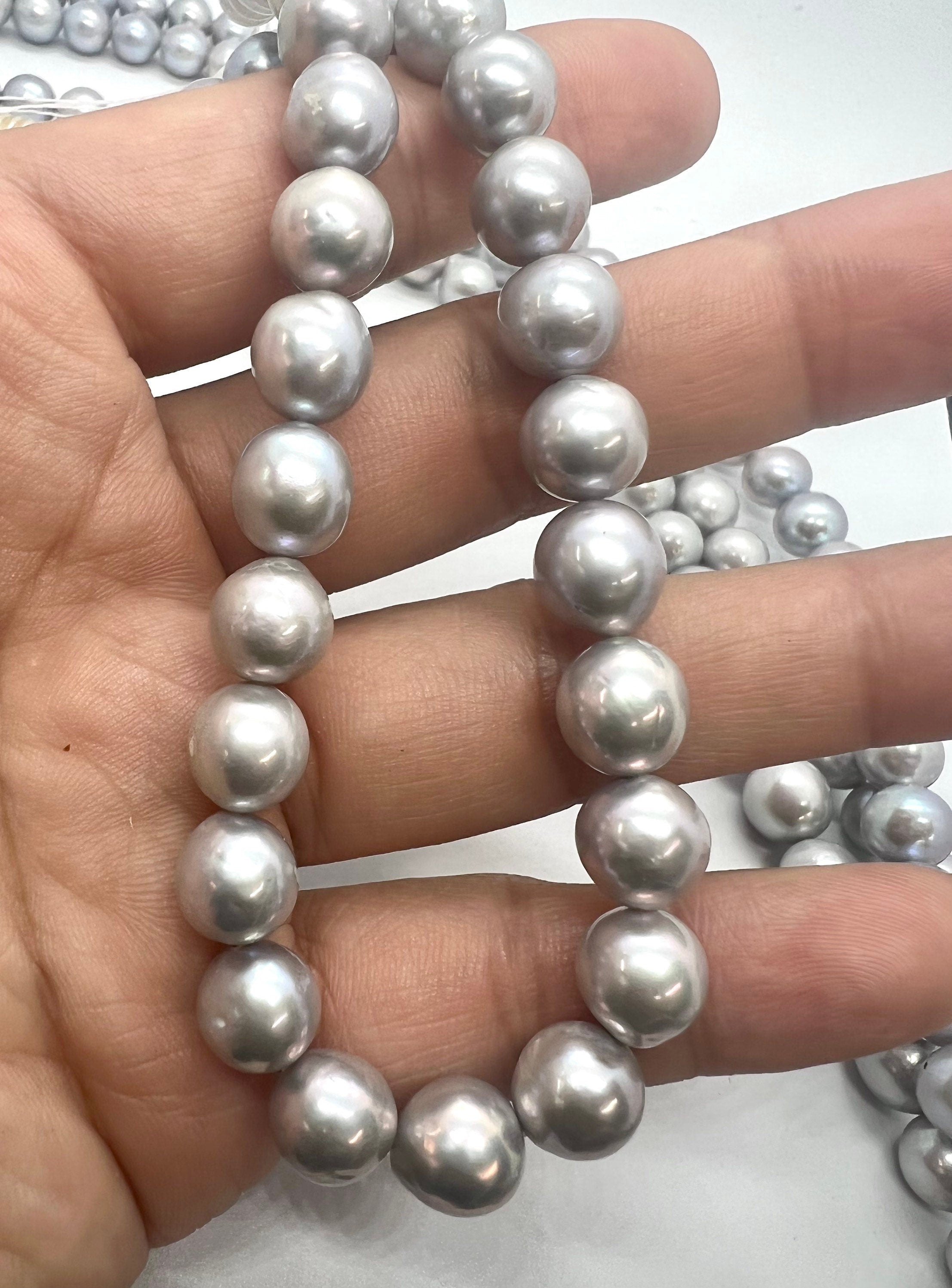 AA 8-10mmX10-11mm Genuine Baroque Edison Pearl, Silver Grey oval fire flameball pearl, metallic luster baroque pearls, 15.5" full strand