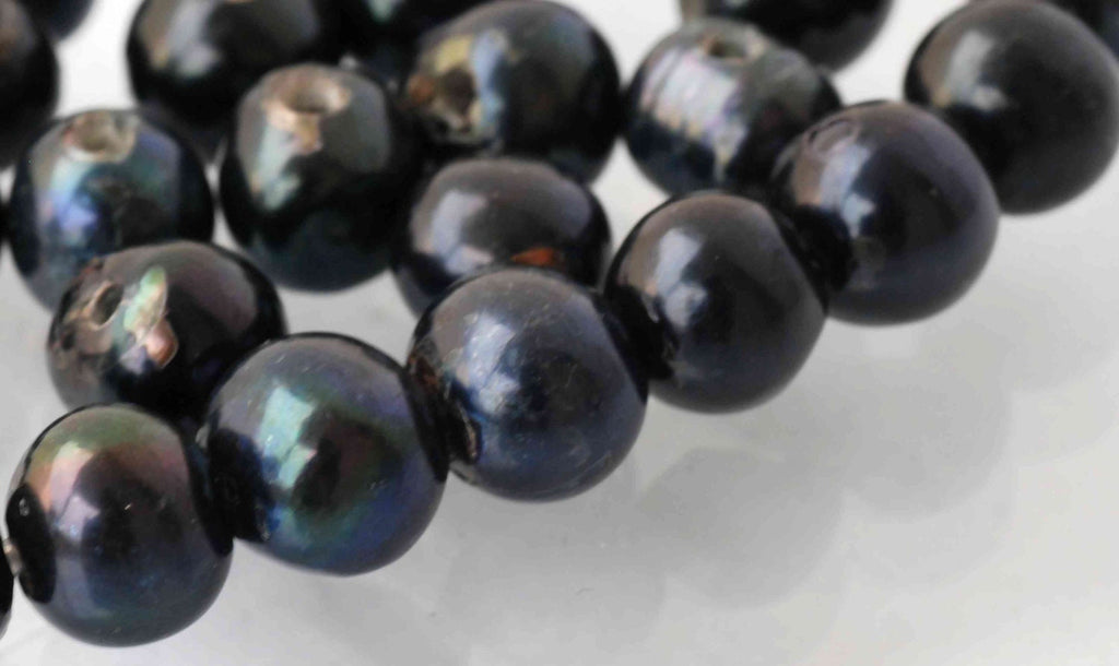 8-9mm Large Hole Pearl Round Freshwater Pearl peacock black dark navy blue pearl beads---10 pieces set 2mm hole #LH8020