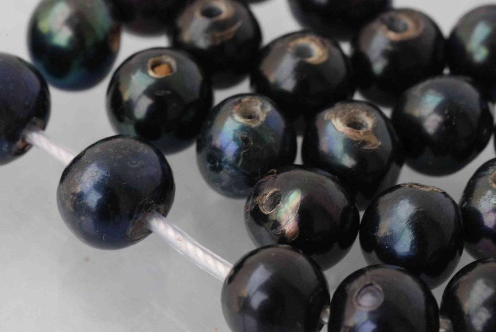 8-9mm Large Hole Pearl Round Freshwater Pearl peacock black dark navy blue pearl beads---10 pieces set 2mm hole #LH8020