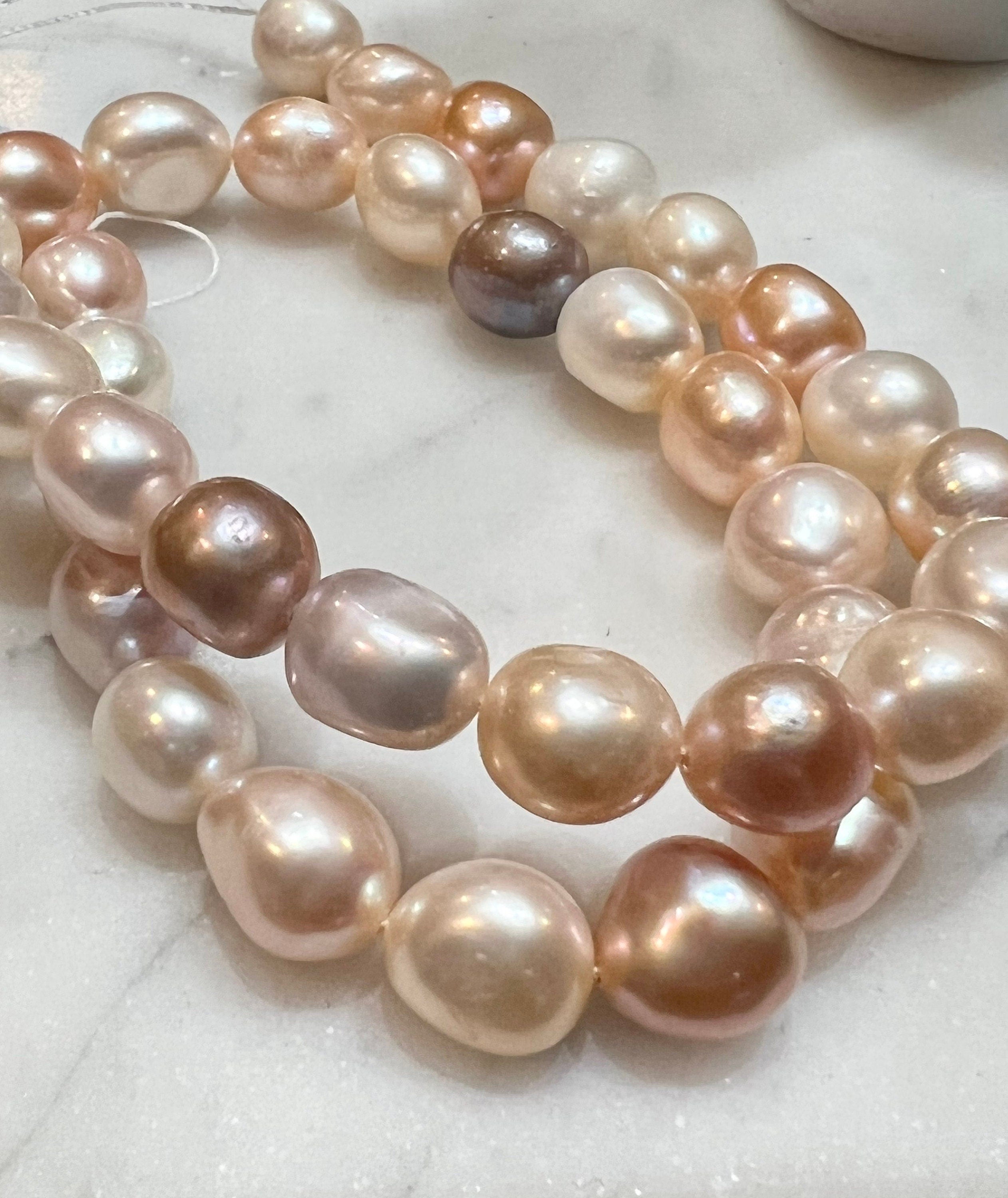 AA+ 9mmX10-12mm Baroque Freshwater Pearl, Luster Multi Natural color, White Champagne Pink metallic, 15" Full Strand--- NEW Arrival Sale