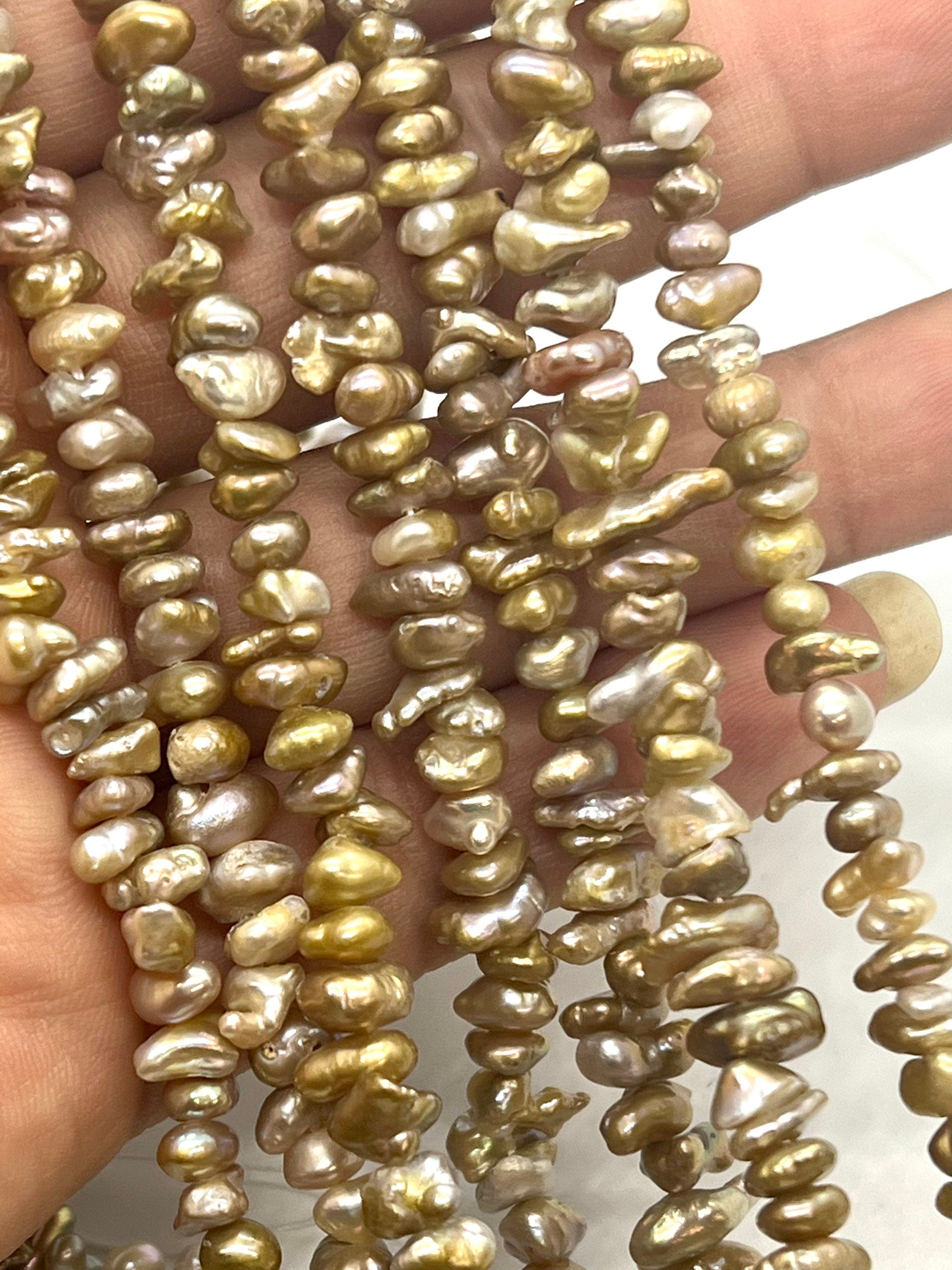 Rare unique gold nugget, 6-7mm AAA seed Keshi Pearls, Center Drilled natural bronze metallic baroque keshi pearl beads, full strand 15"-NEW