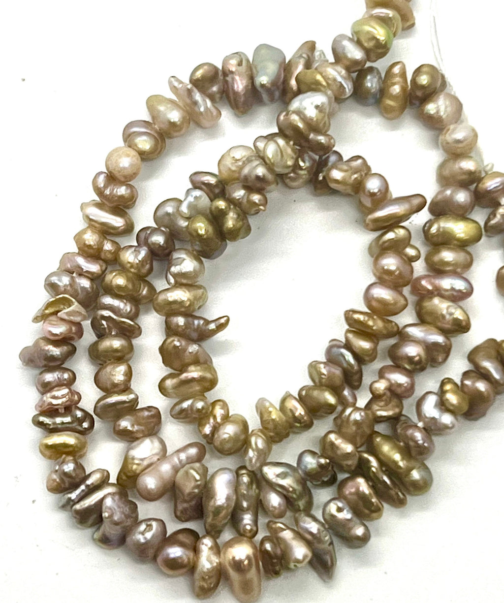 Rare unique gold nugget, 6-7mm AAA seed Keshi Pearls, Center Drilled natural bronze metallic baroque keshi pearl beads, full strand 15"-NEW