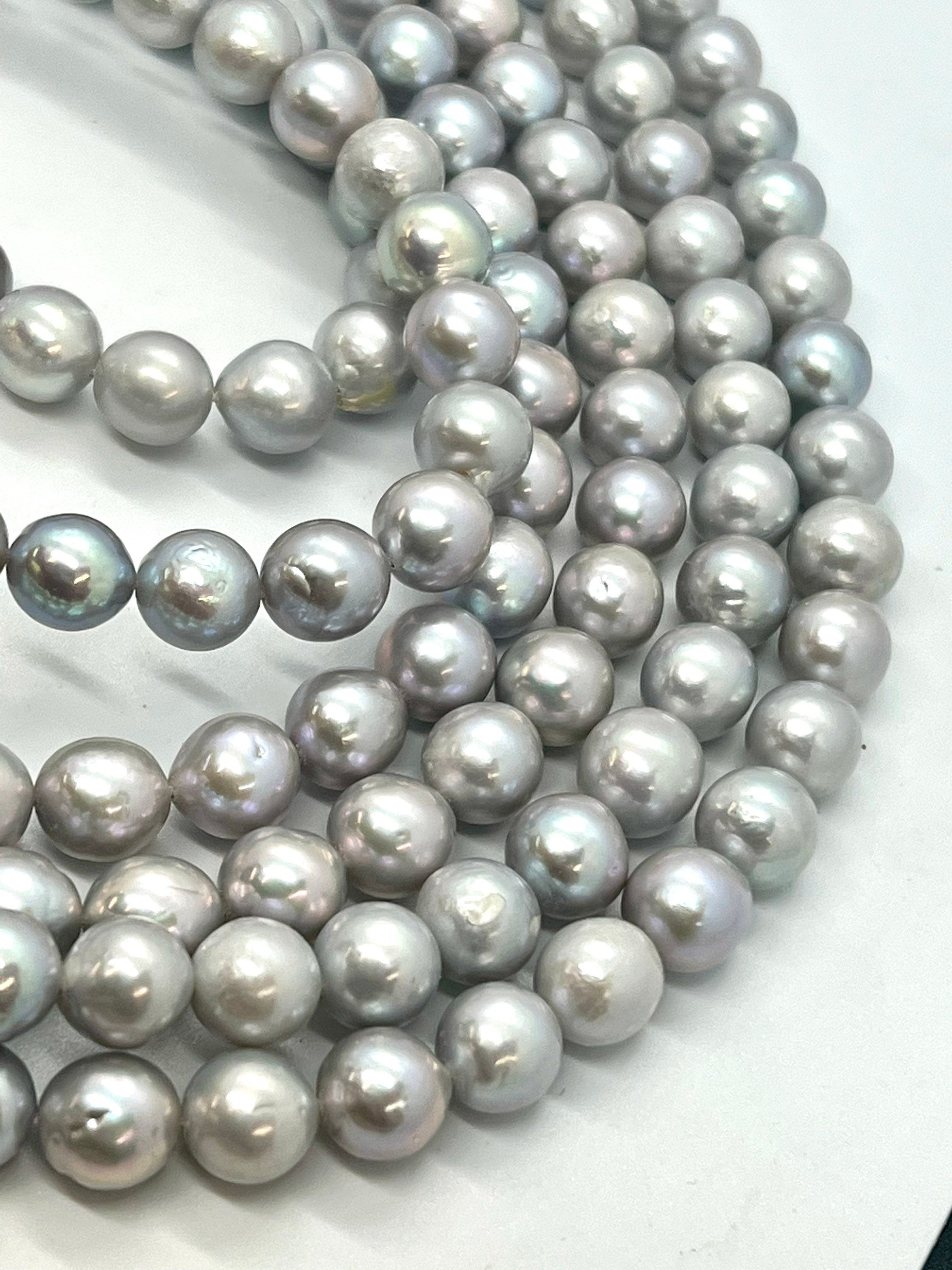 AA 8-10mmX10-11mm Genuine Baroque Edison Pearl, Silver Grey oval fire flameball pearl, metallic luster baroque pearls, 15.5" full strand
