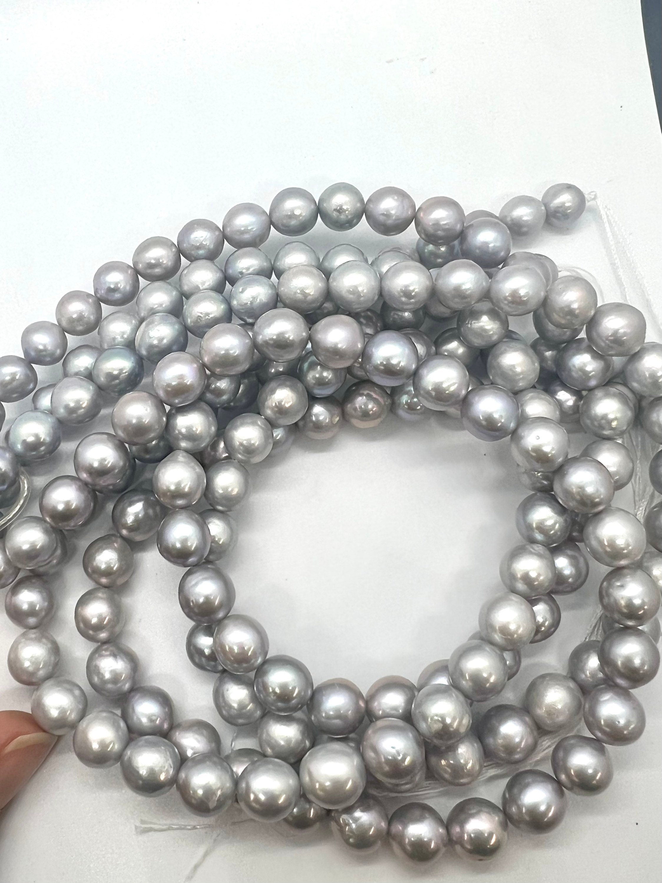 AA 8-10mmX10-11mm Genuine Baroque Edison Pearl, Silver Grey oval fire flameball pearl, metallic luster baroque pearls, 15.5" full strand
