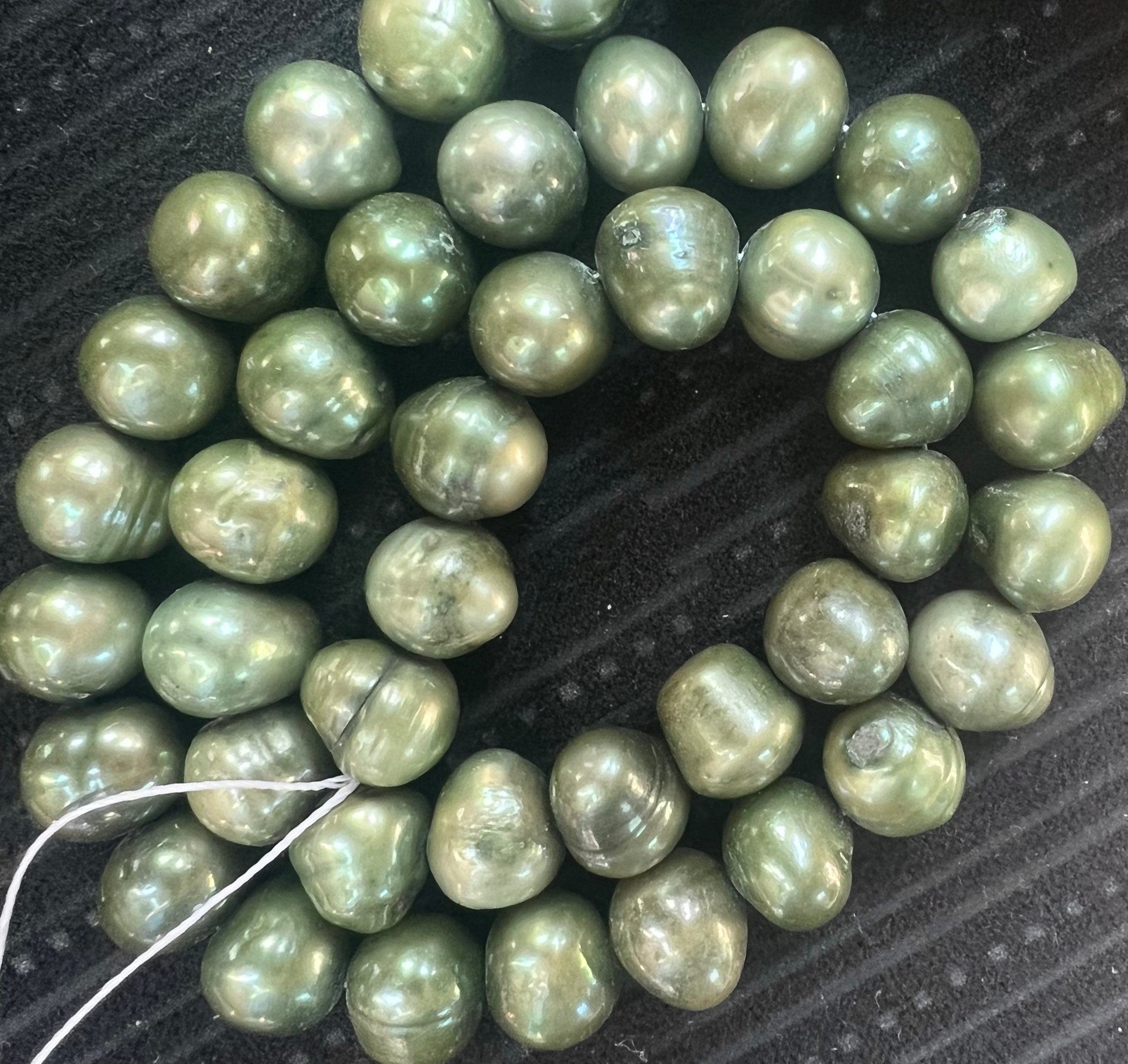 Seaweed Green 9-10mm Round Potato Freshwater Pearl, 15" full strand crocodile green pearl, Morandi color for designer Bargain #RS2082
