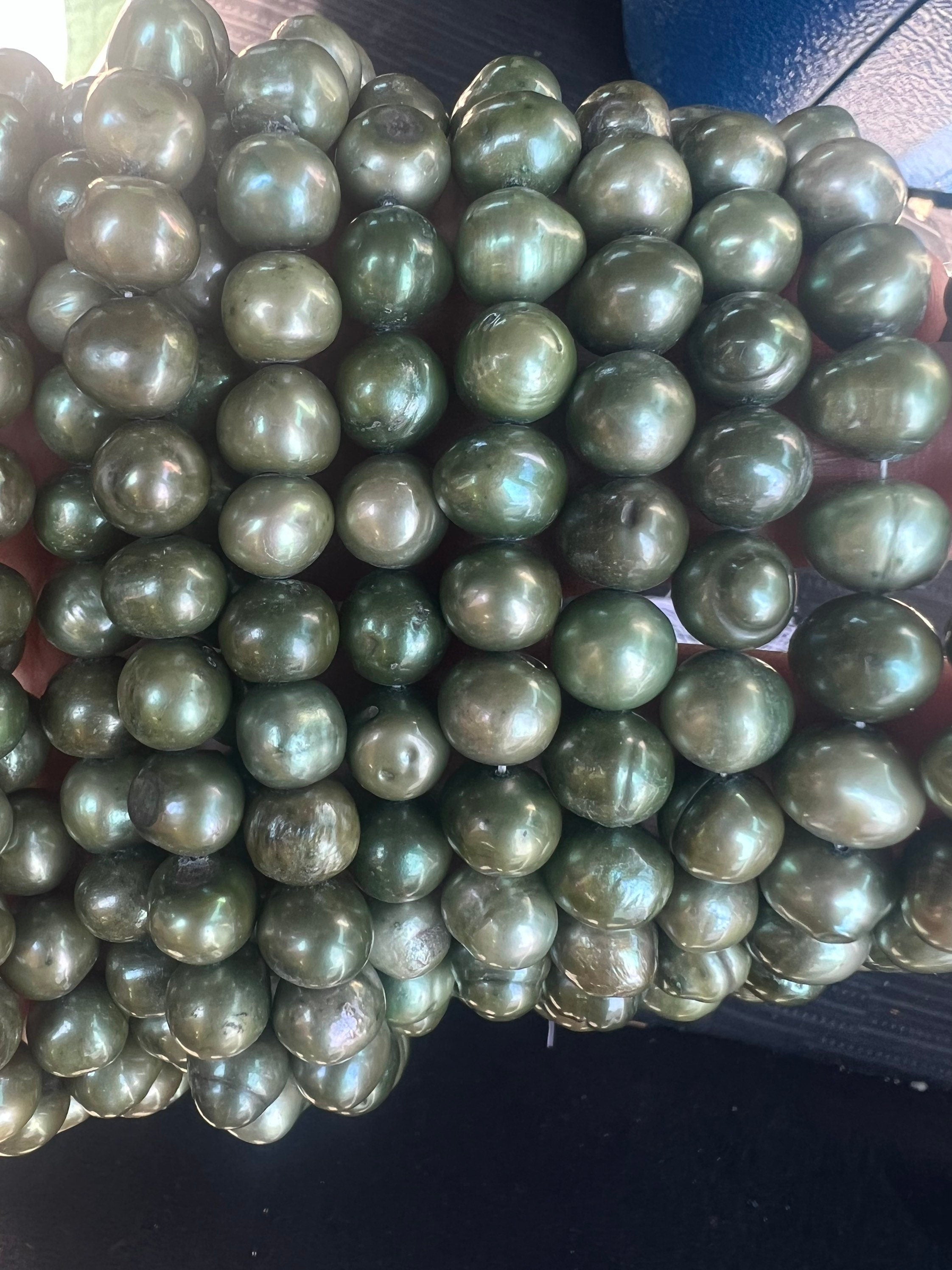 Seaweed Green 9-10mm Round Potato Freshwater Pearl, 15" full strand crocodile green pearl, Morandi color for designer Bargain #RS2082