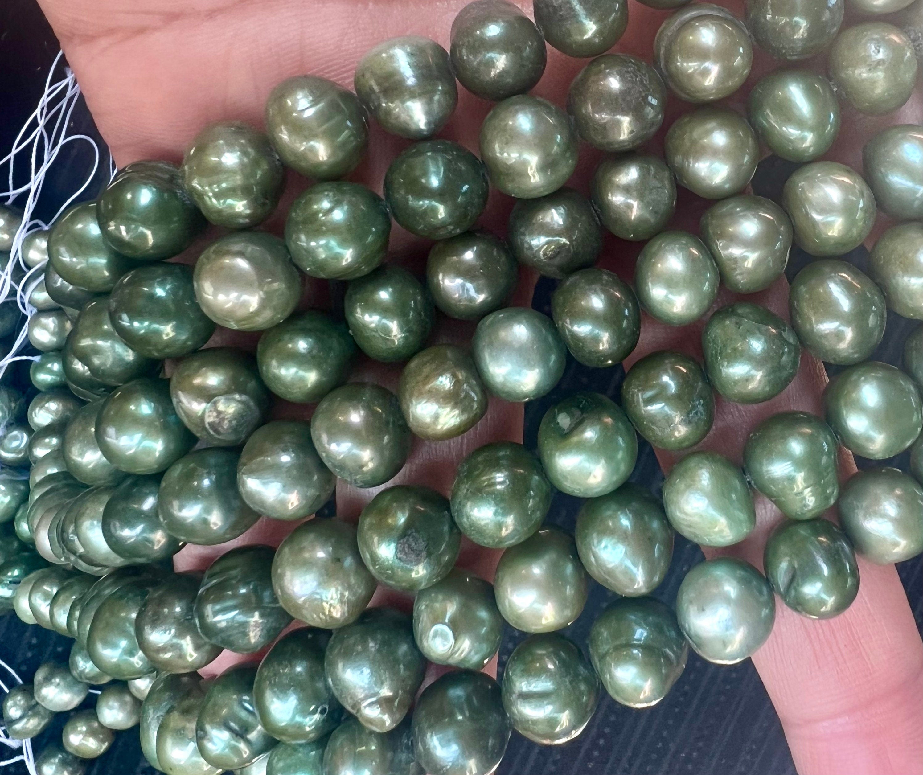 Seaweed Green 9-10mm Round Potato Freshwater Pearl, 15" full strand crocodile green pearl, Morandi color for designer Bargain #RS2082